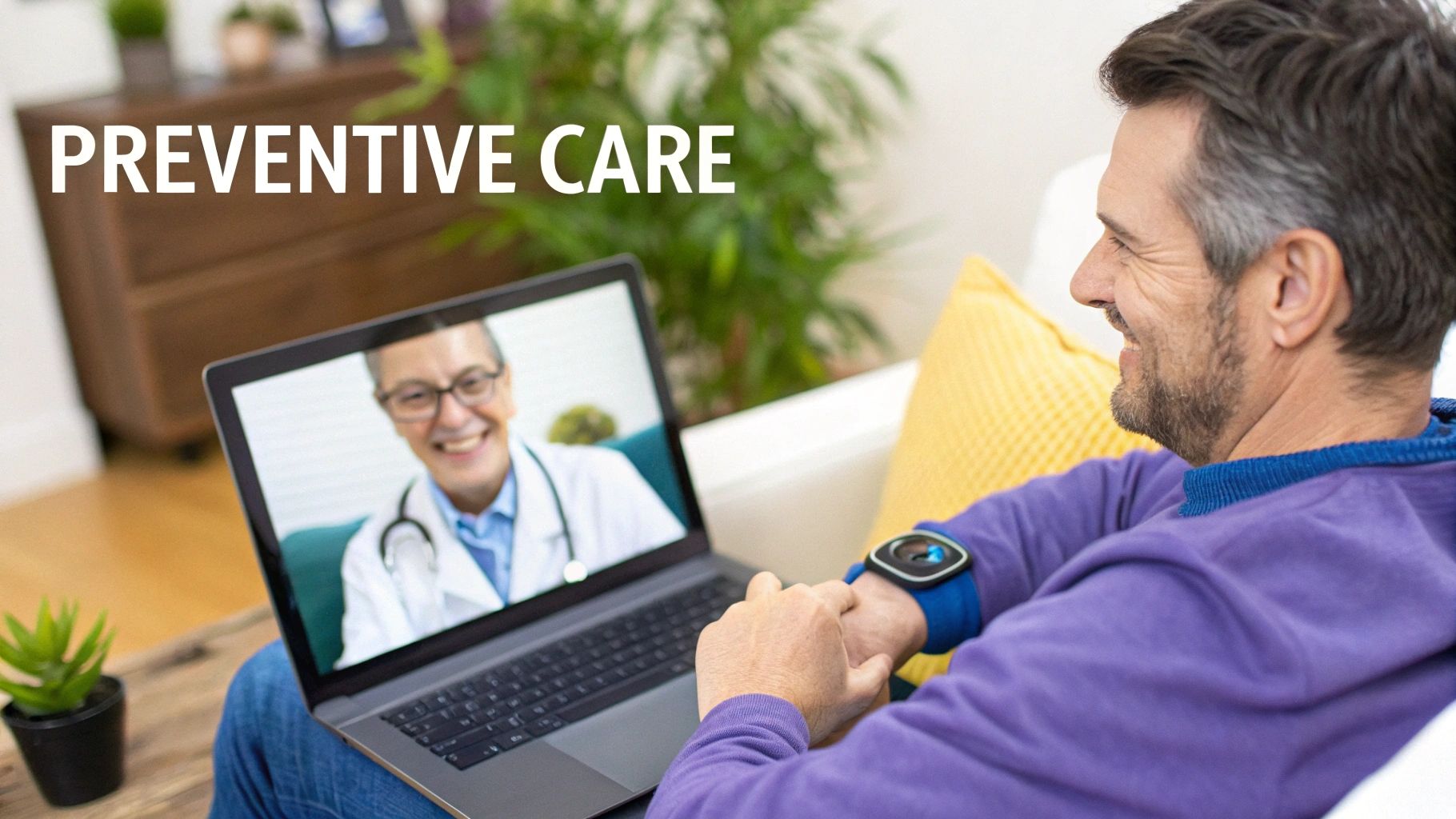 A man has a smiling virtual doctor consultation on his laptop for preventive care.