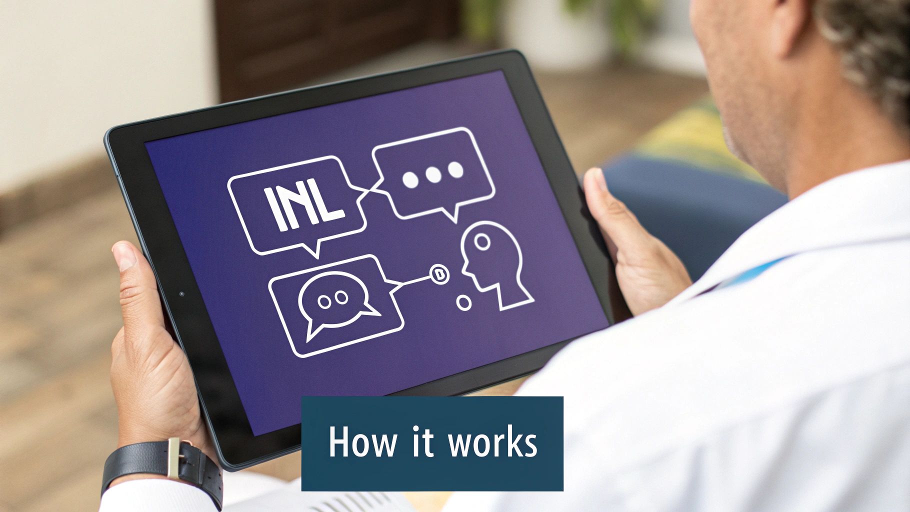 A person holds a tablet displaying a diagram of conversational AI interaction with chat bubbles.