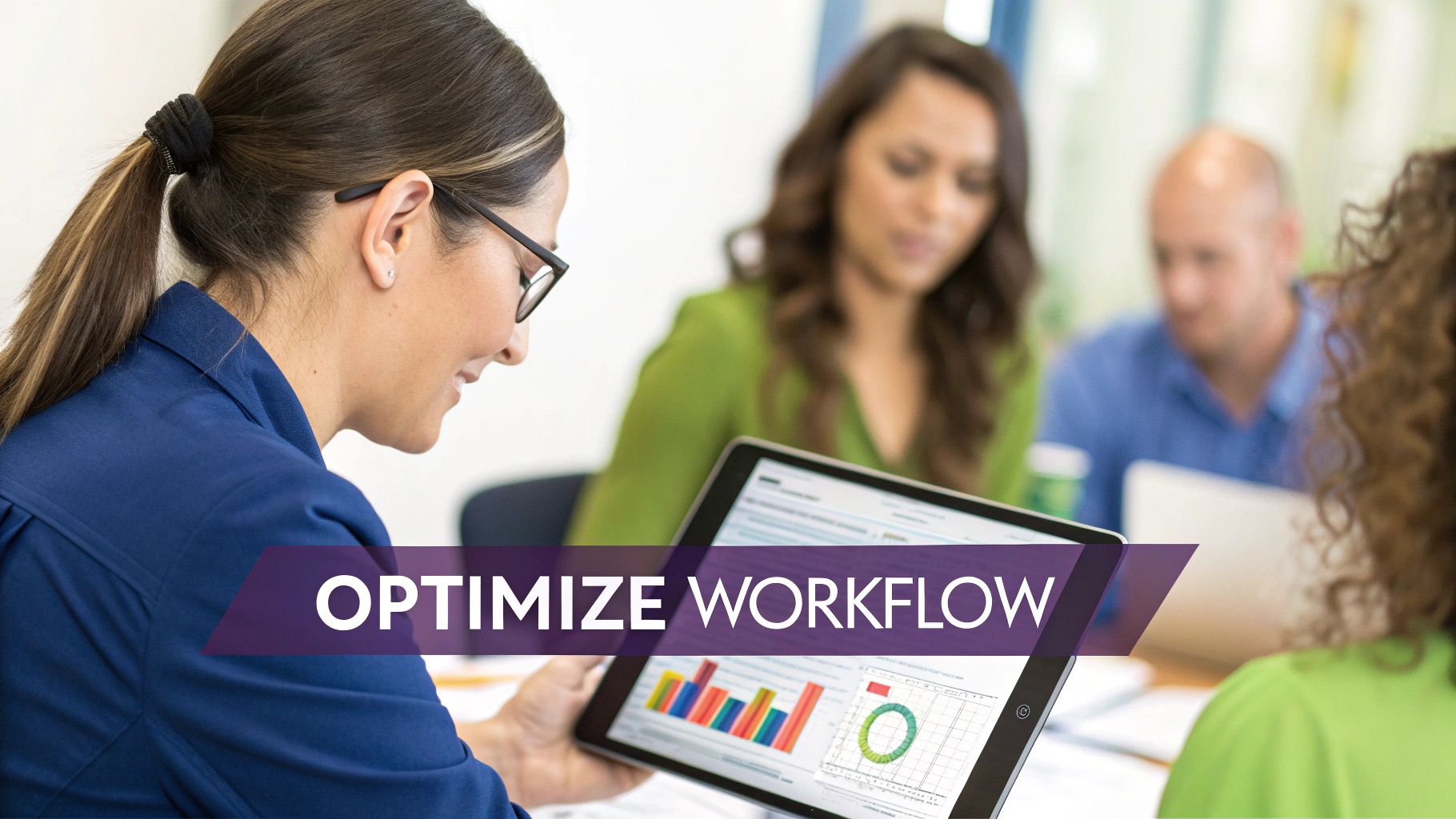 Businesswoman in glasses analyzing data on a tablet with charts, optimizing workflow during a meeting.