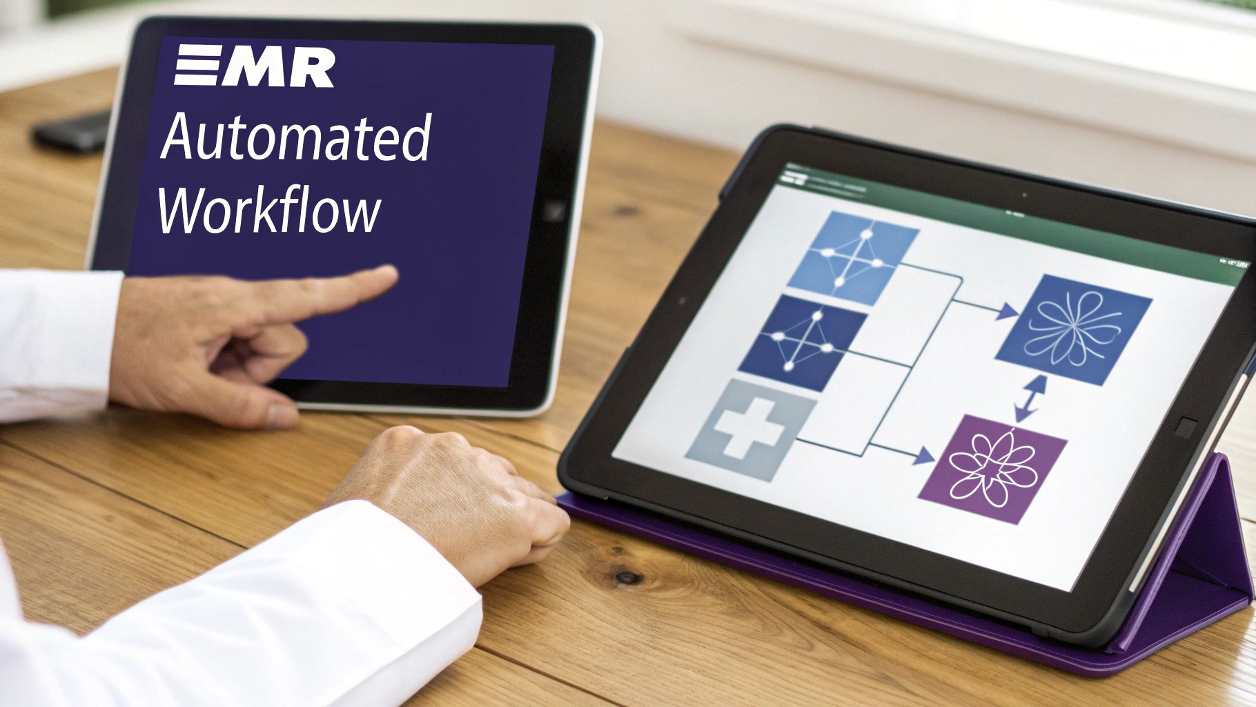 A healthcare professional points to a tablet showing 'EMR Automated Workflow' next to a tablet displaying a flowchart.
