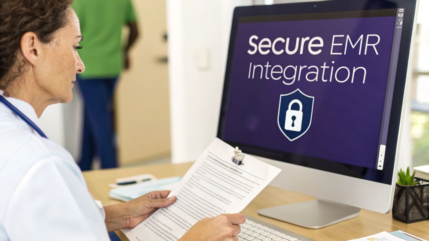 Medical professional reviews documents, a computer monitor displays "Secure EMR Integration" with a padlock icon.