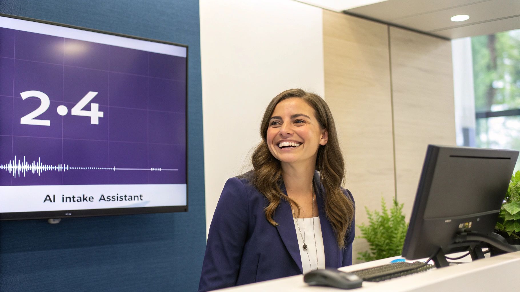 A smiling professional woman at a reception desk with an AI assistant screen displaying '2.4' and a sound wave.
