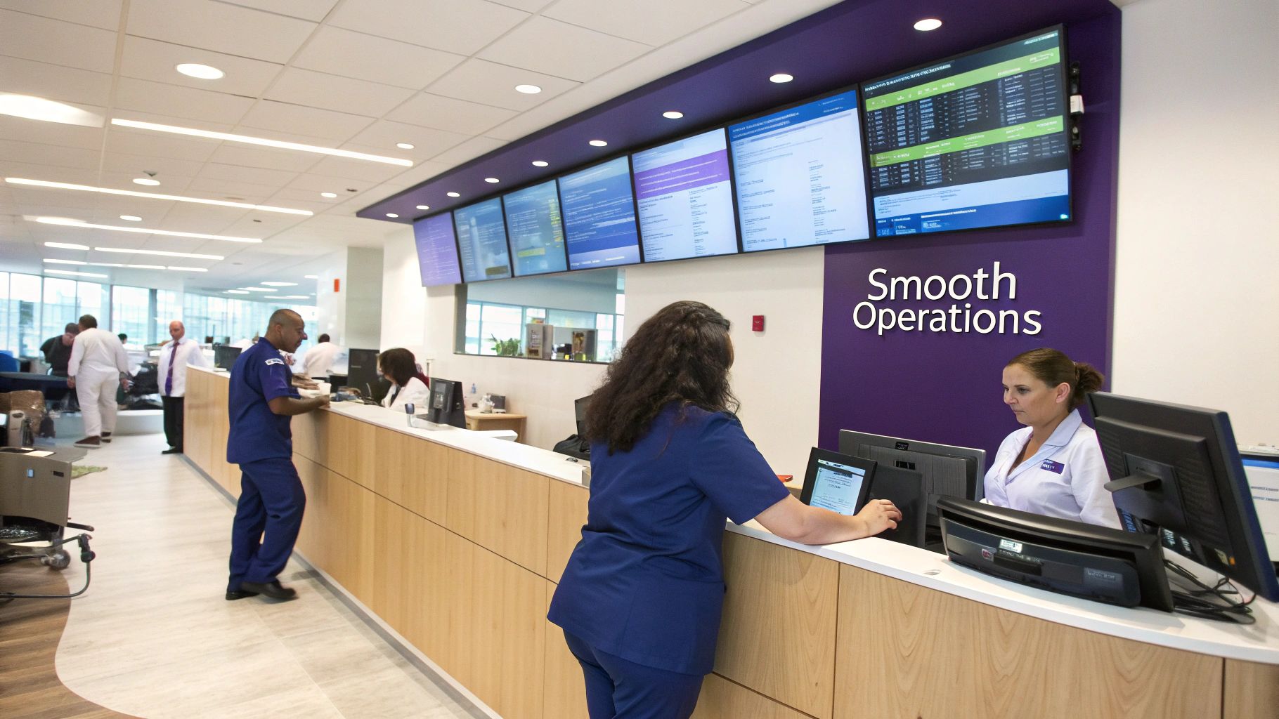 Healthcare staff work at a modern operations center with multiple display screens on a purple wall.