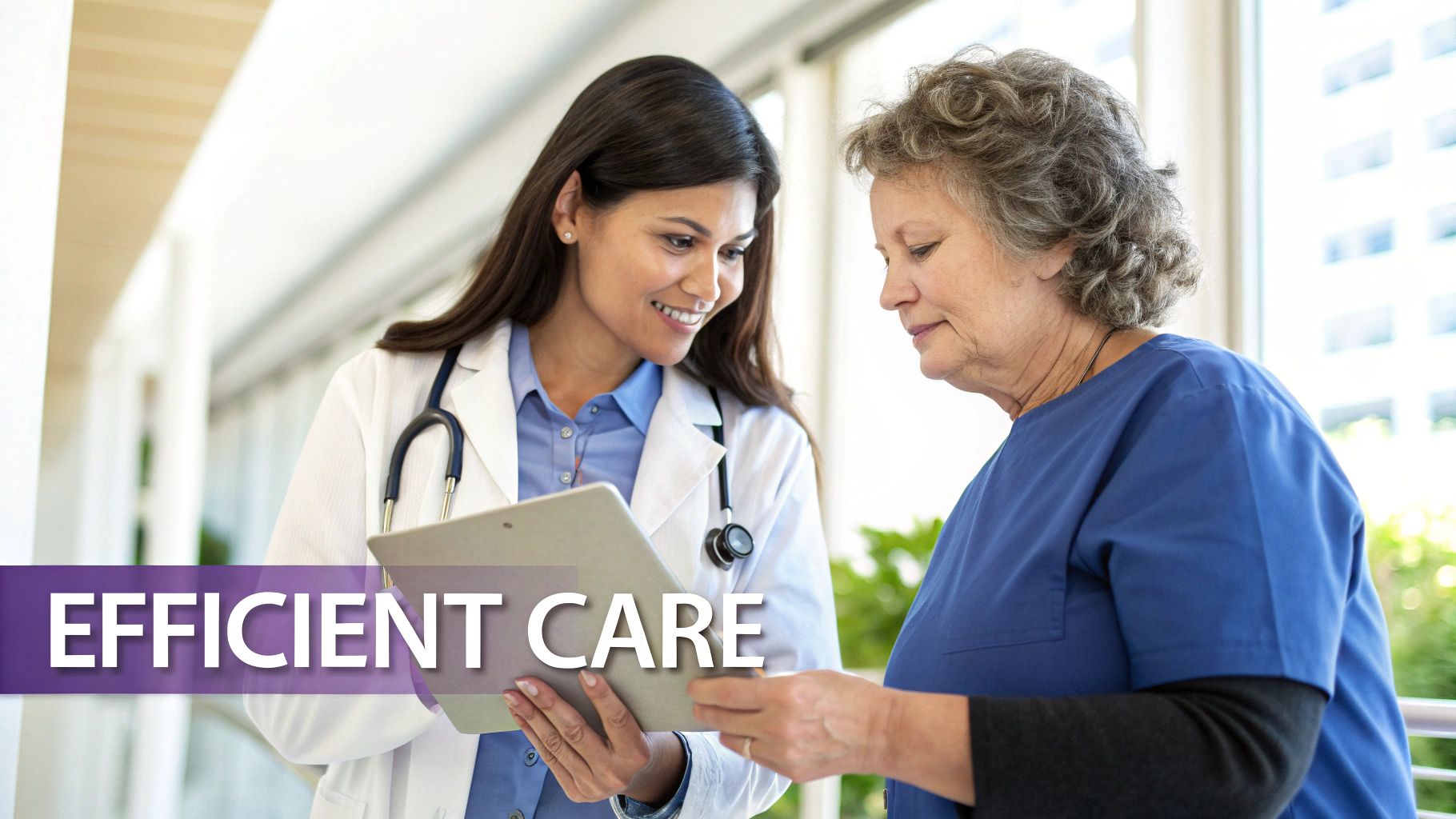 A smiling female doctor and an older female nurse review notes on a clipboard in a medical setting, overlaid with 'EFFICIENT CARE'.