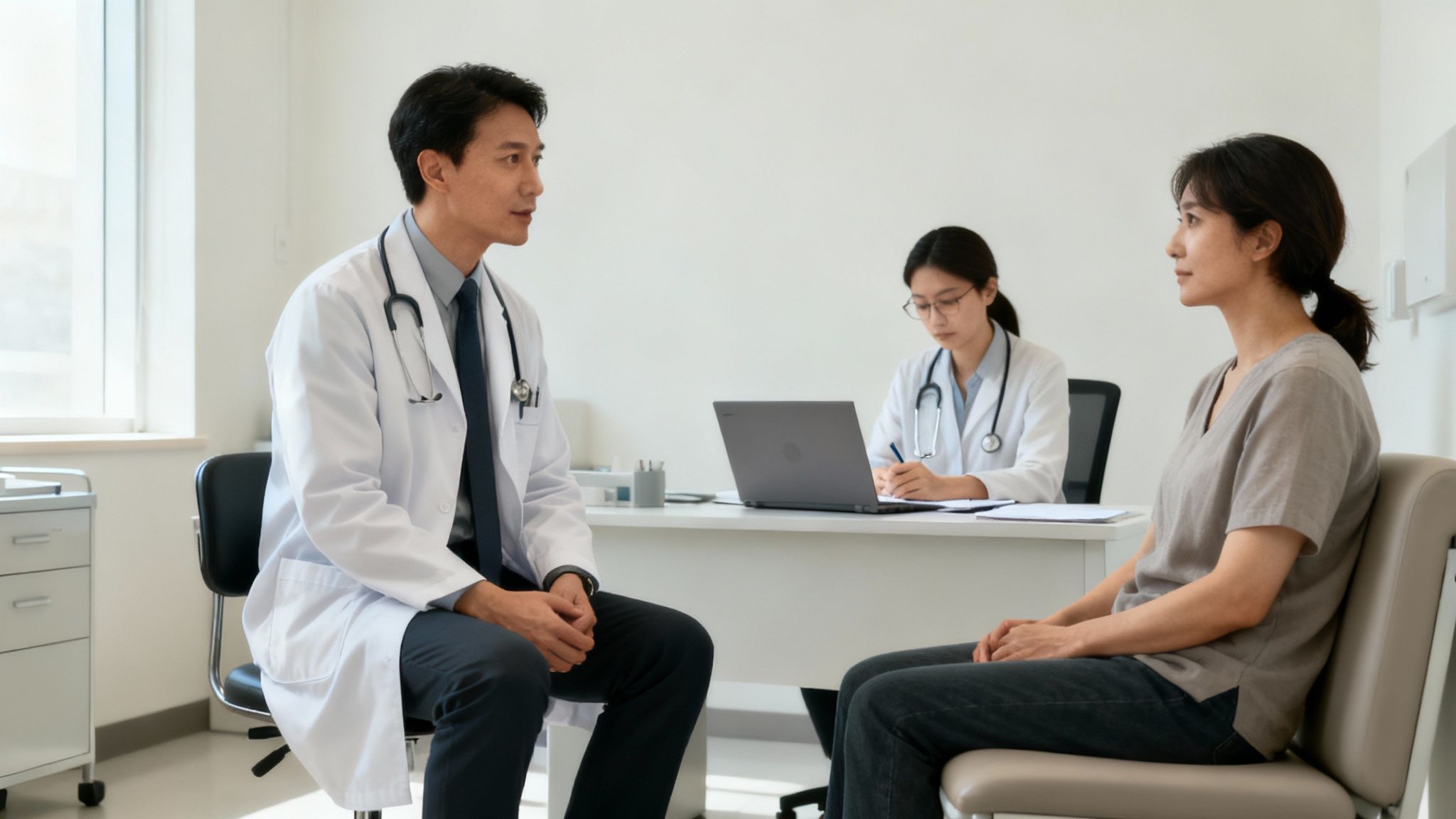 A doctor reviewing patient information on a tablet, demonstrating modern healthcare documentation.