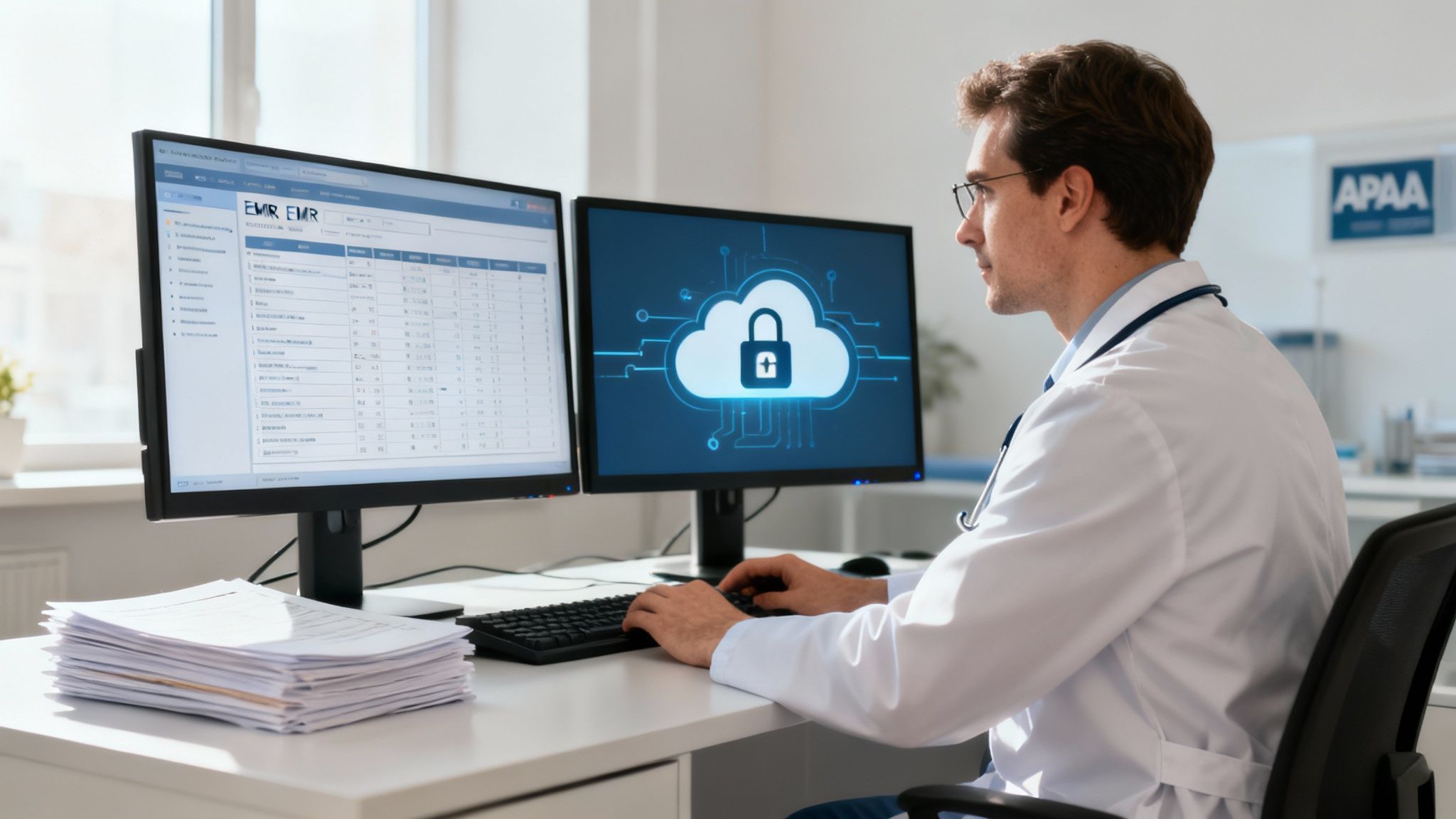 Male doctor using EMR system on dual monitors, with one showing cloud security and data.