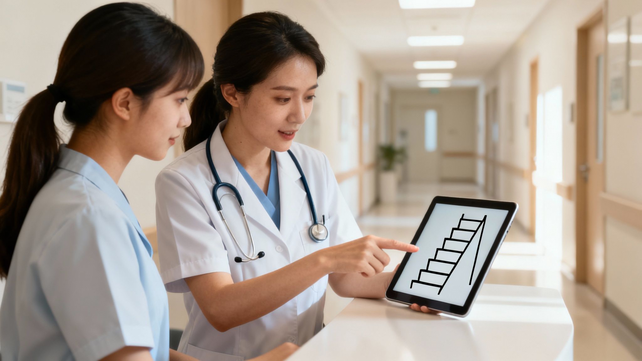 A front office medical assistant is shown looking up at a career ladder with icons for advanced roles like office manager and billing specialist