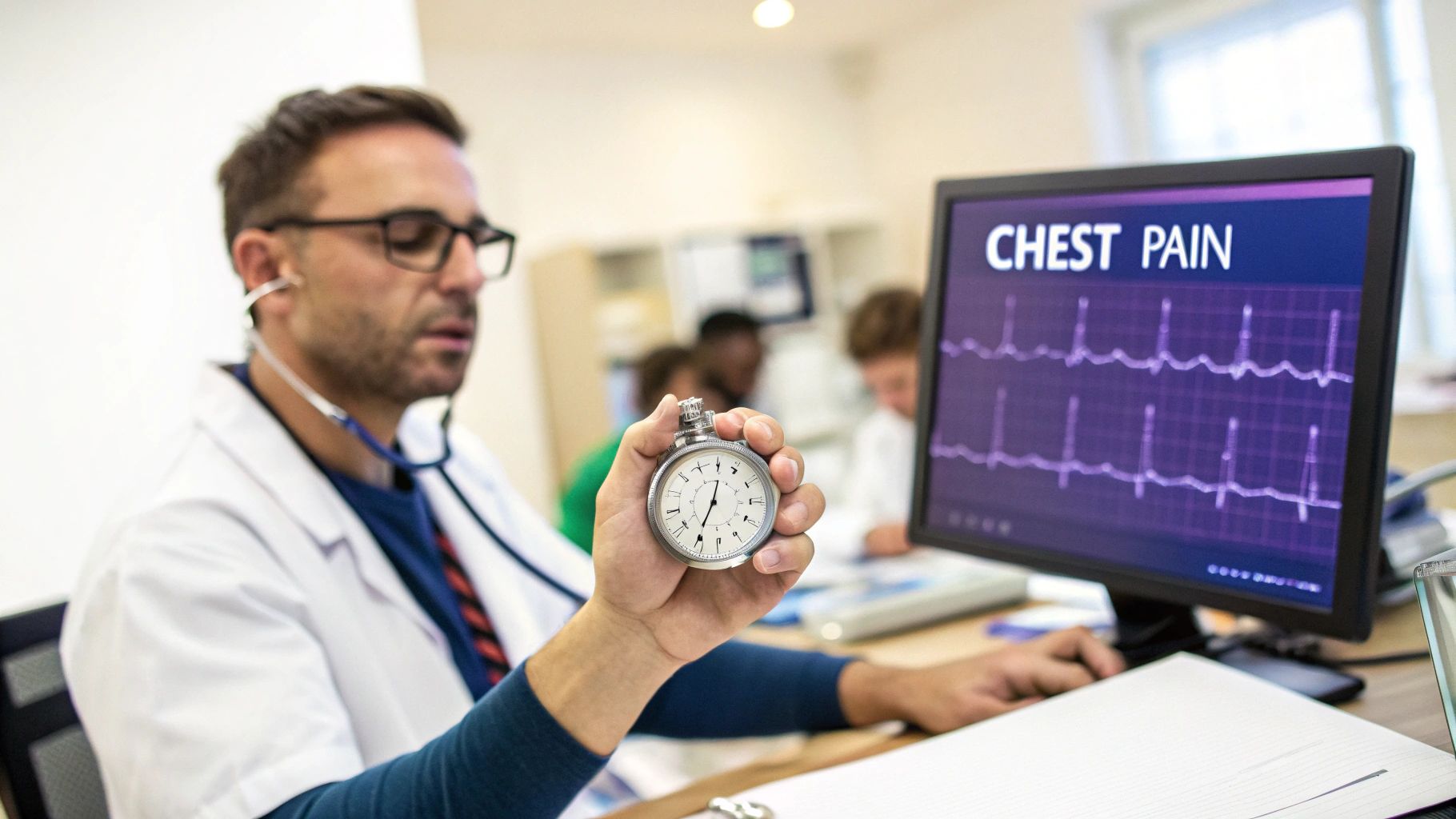 Focused doctor in glasses and stethoscope holding a stopwatch, looking at chest pain ECG on a monitor.
