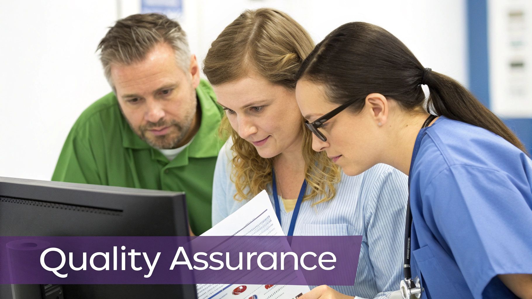 Three healthcare professionals review documents and a computer screen, focused on quality assurance.