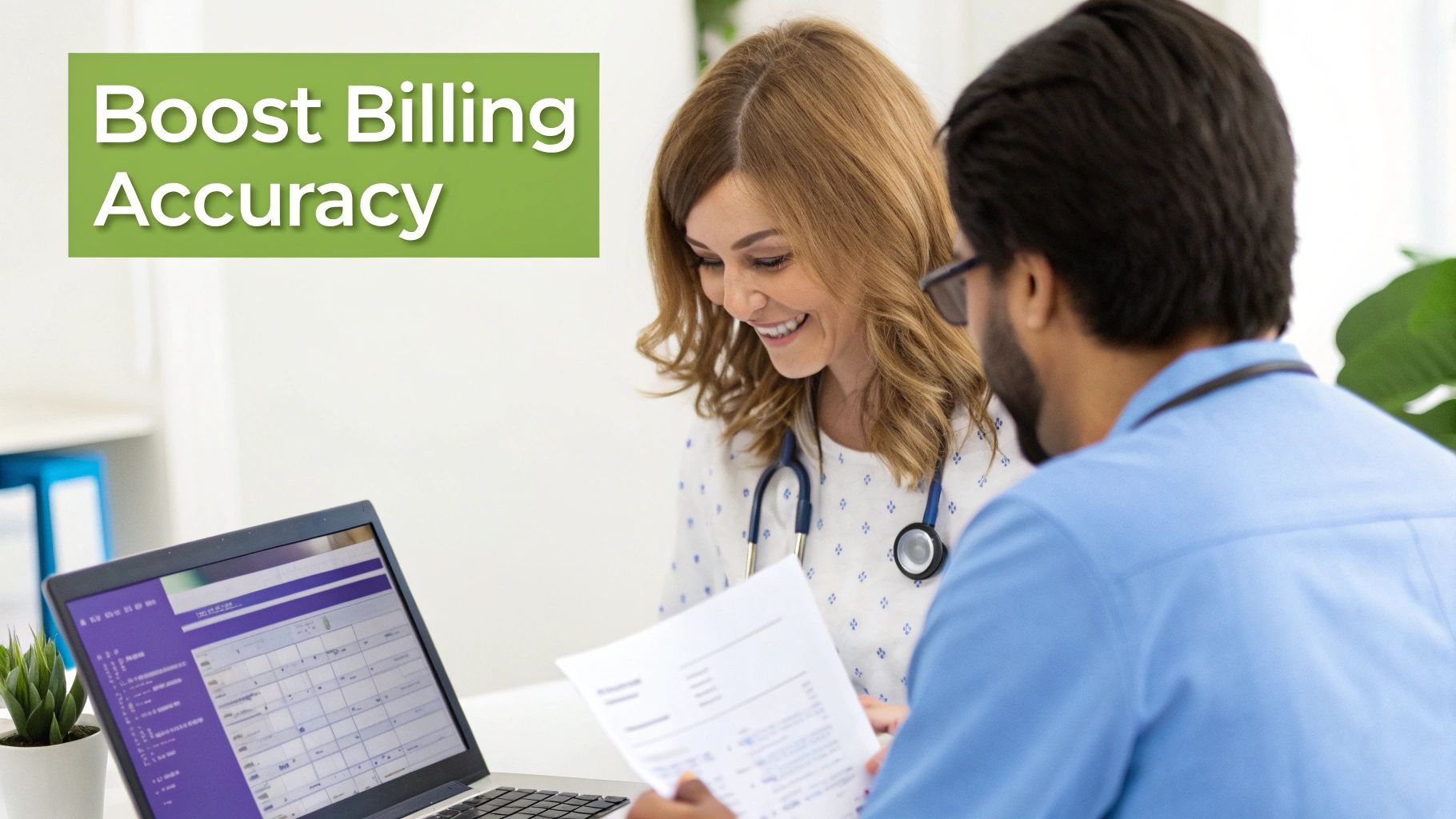 Medical professionals reviewing patient records on a laptop and documents, emphasizing billing accuracy.