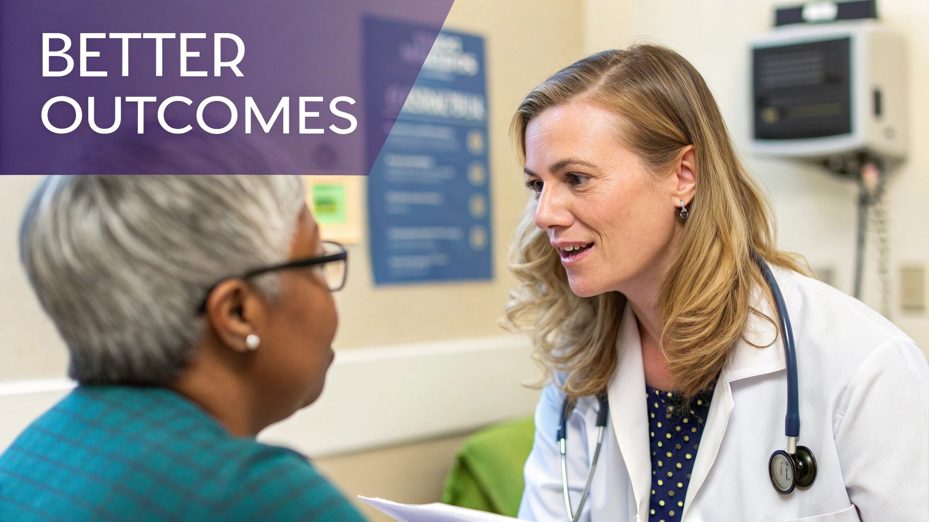 A smiling female doctor in a white coat consults with a patient in a medical office.