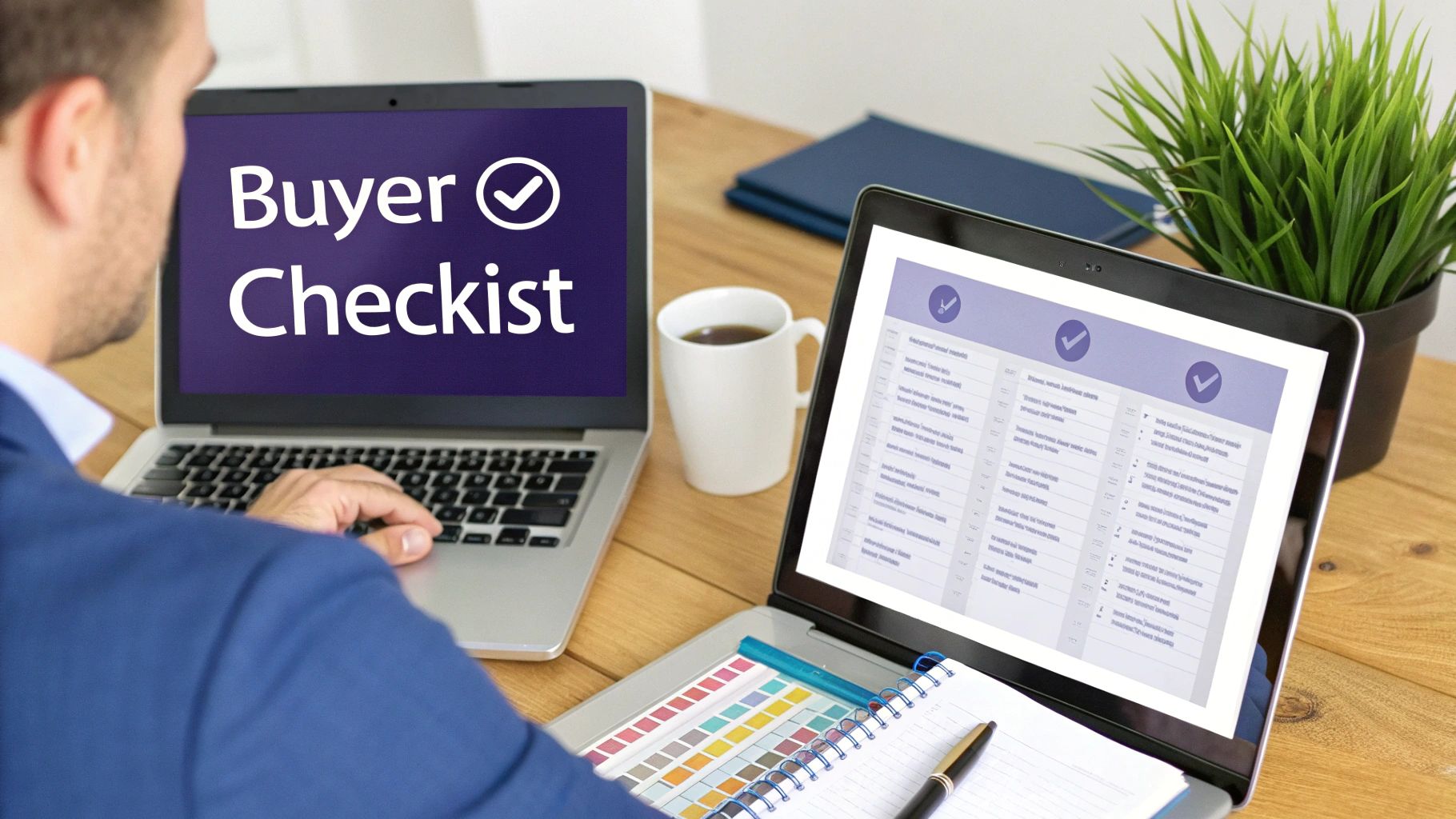 A person works on two laptops displaying buyer checklists and task management, with coffee and a notebook.