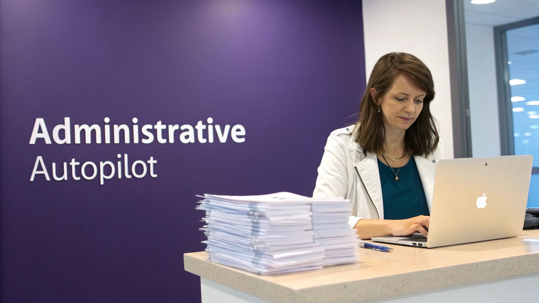 A woman works on a laptop at a desk with papers, in front of a purple wall displaying 'Administrative Autopilot'.
