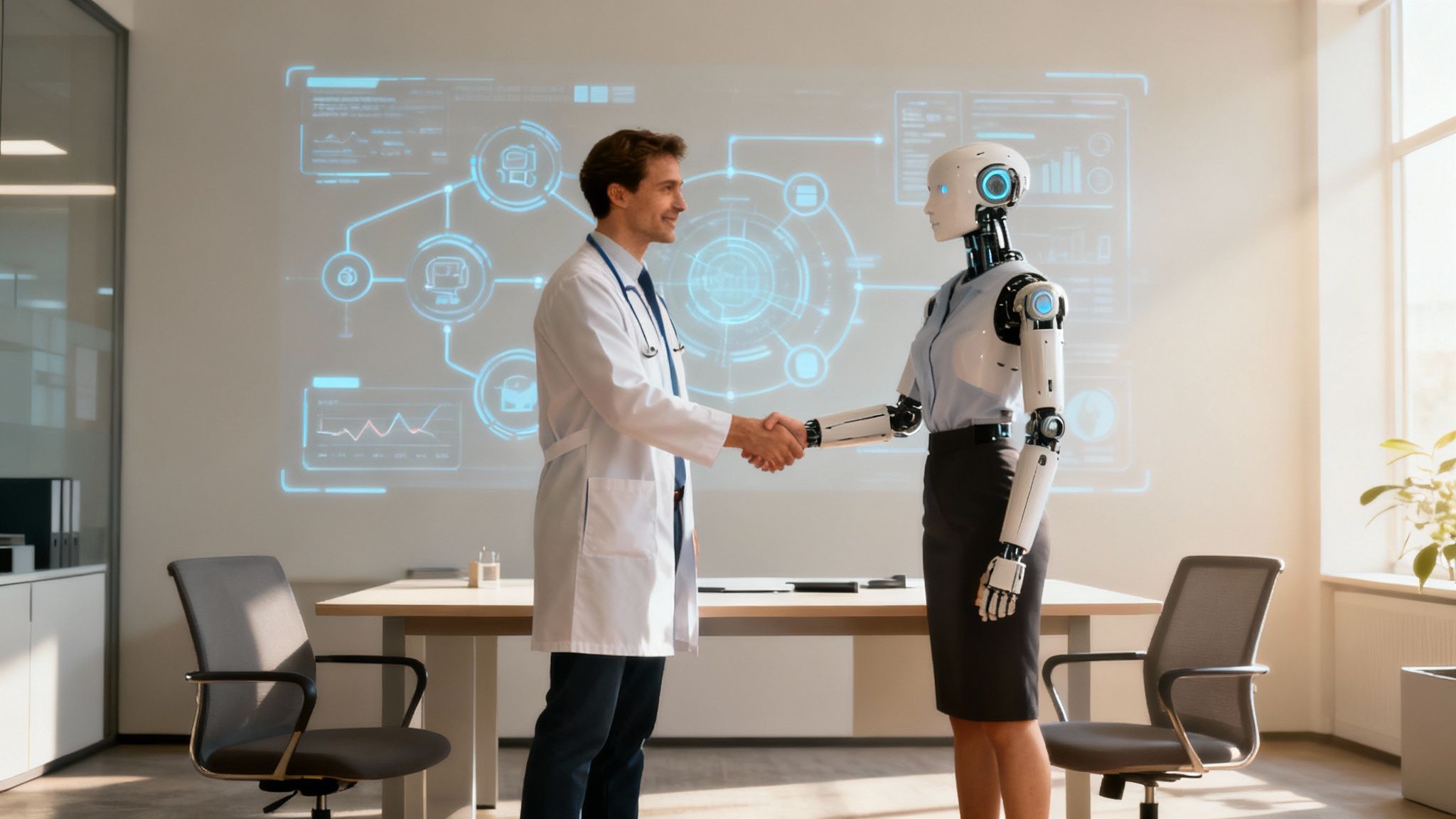 Two healthcare professionals discussing data on a tablet in a modern clinic setting.