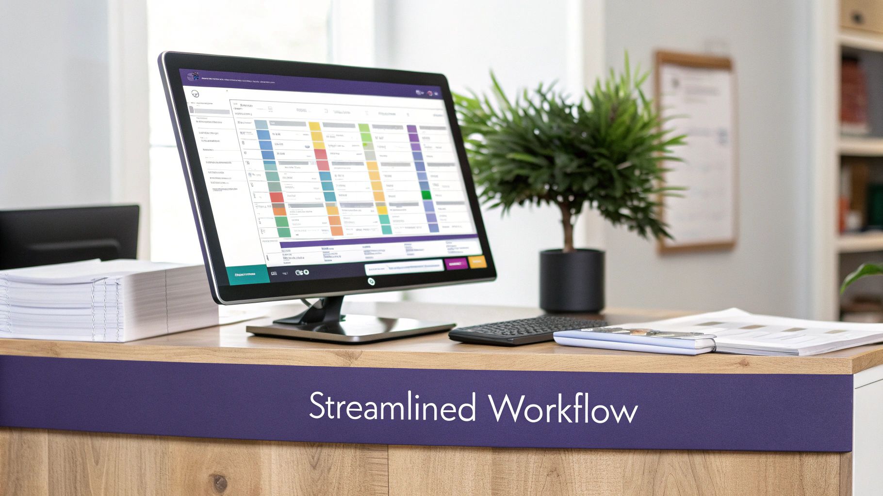 Modern office desk with a computer showing a streamlined workflow application and documents.