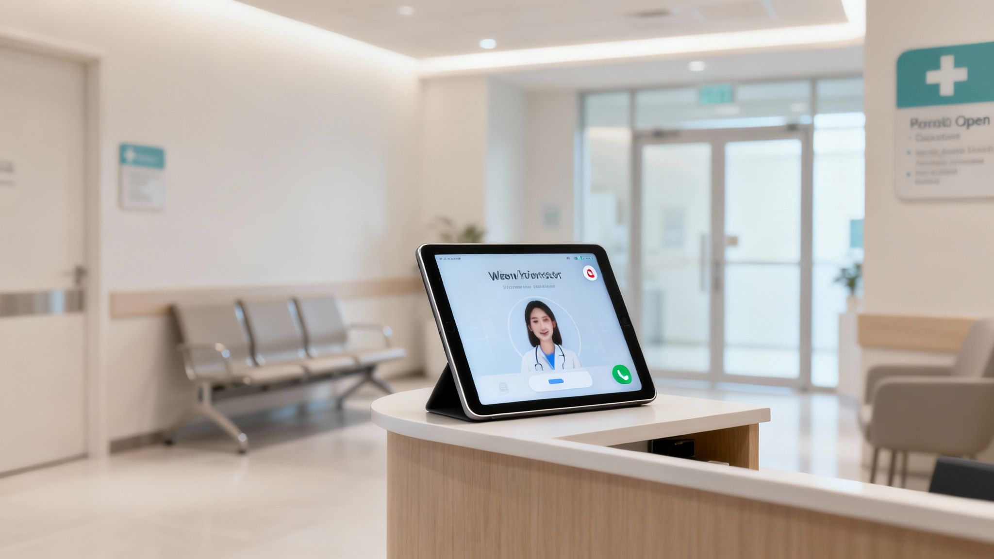 A tablet displays a video call with a female doctor, serving as a virtual receptionist in a hospital lobby.