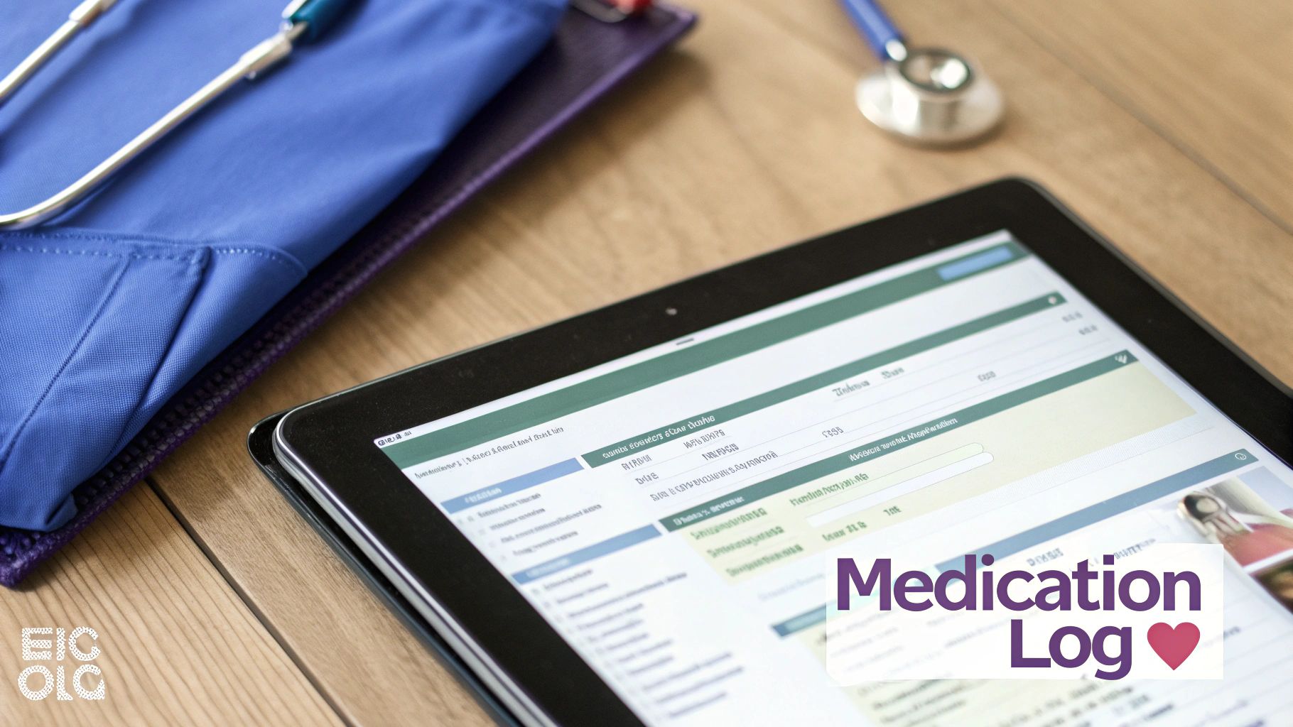 A tablet displaying a medication log application, with a stethoscope and blue scrubs on a wooden table.