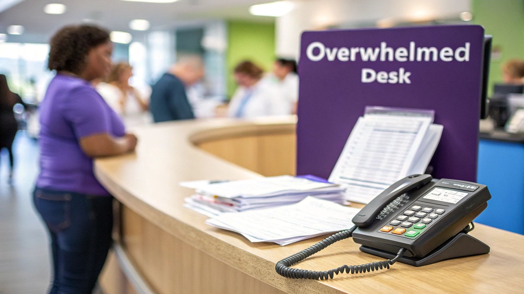 A person stands at a busy reception desk with an 'Overwhelmed Desk' sign, phone, and papers.