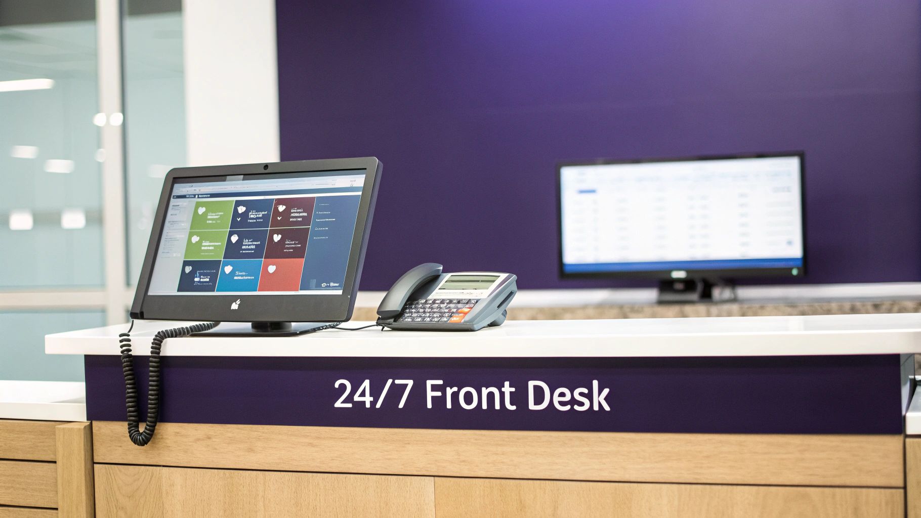 A healthcare front desk with a computer monitor showing a patient management system and a telephone.