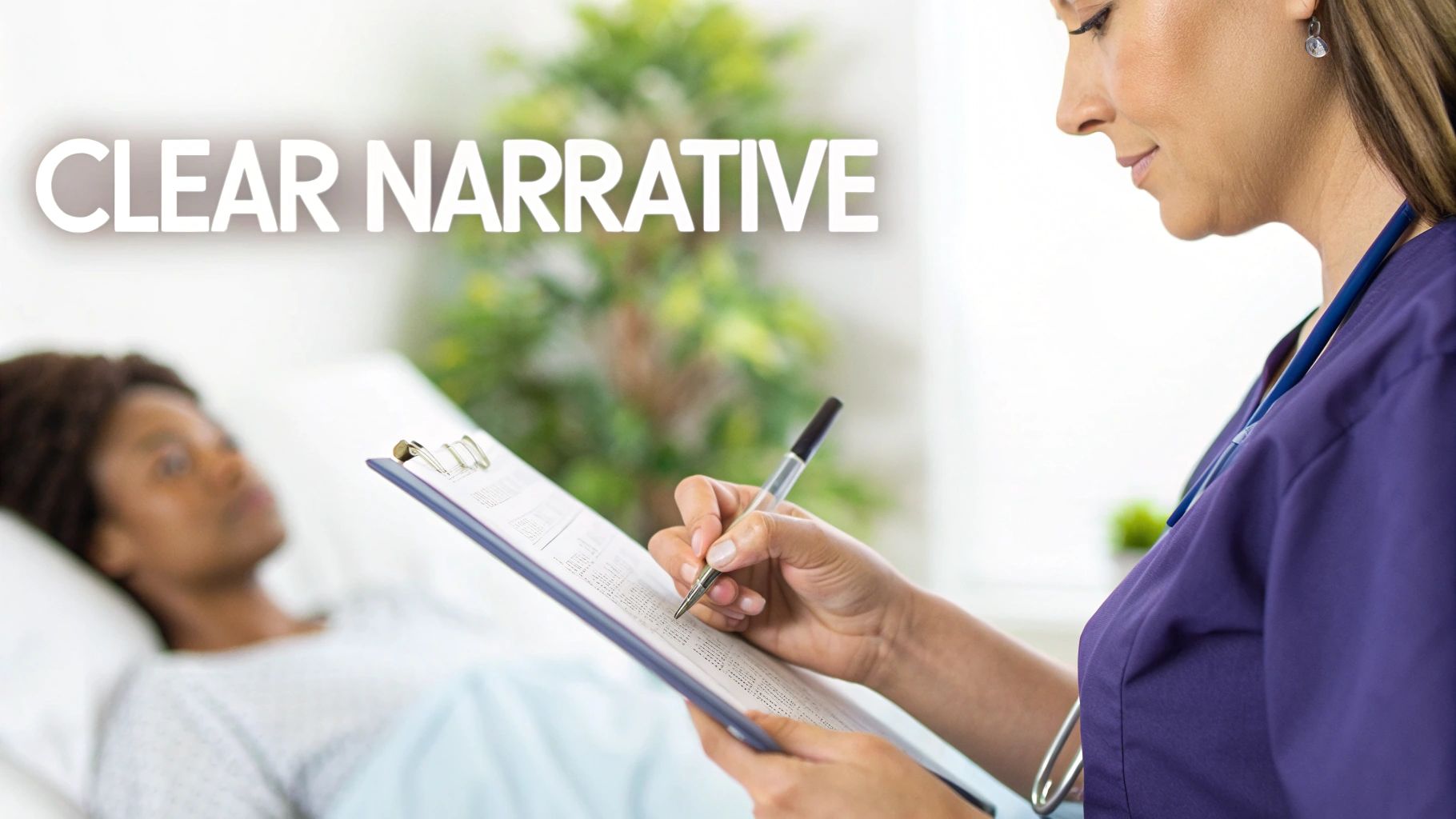 A healthcare professional writes on a clipboard with a pen while a patient lies in bed, text says 'CLEAR NARRATIVE'.