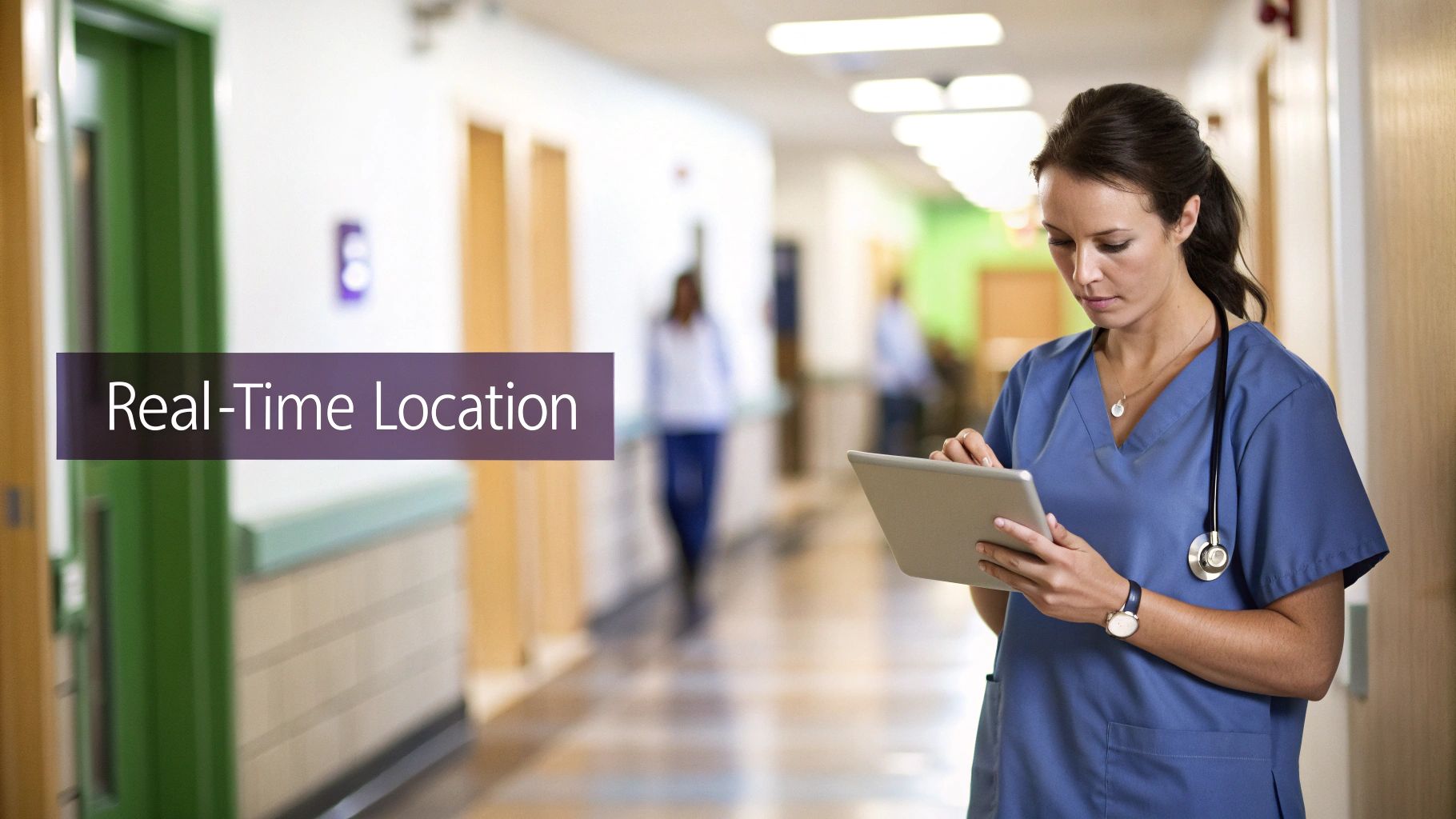A female nurse in blue scrubs uses a tablet in a hospital hallway, with 'Real-Time Location' text overlay.