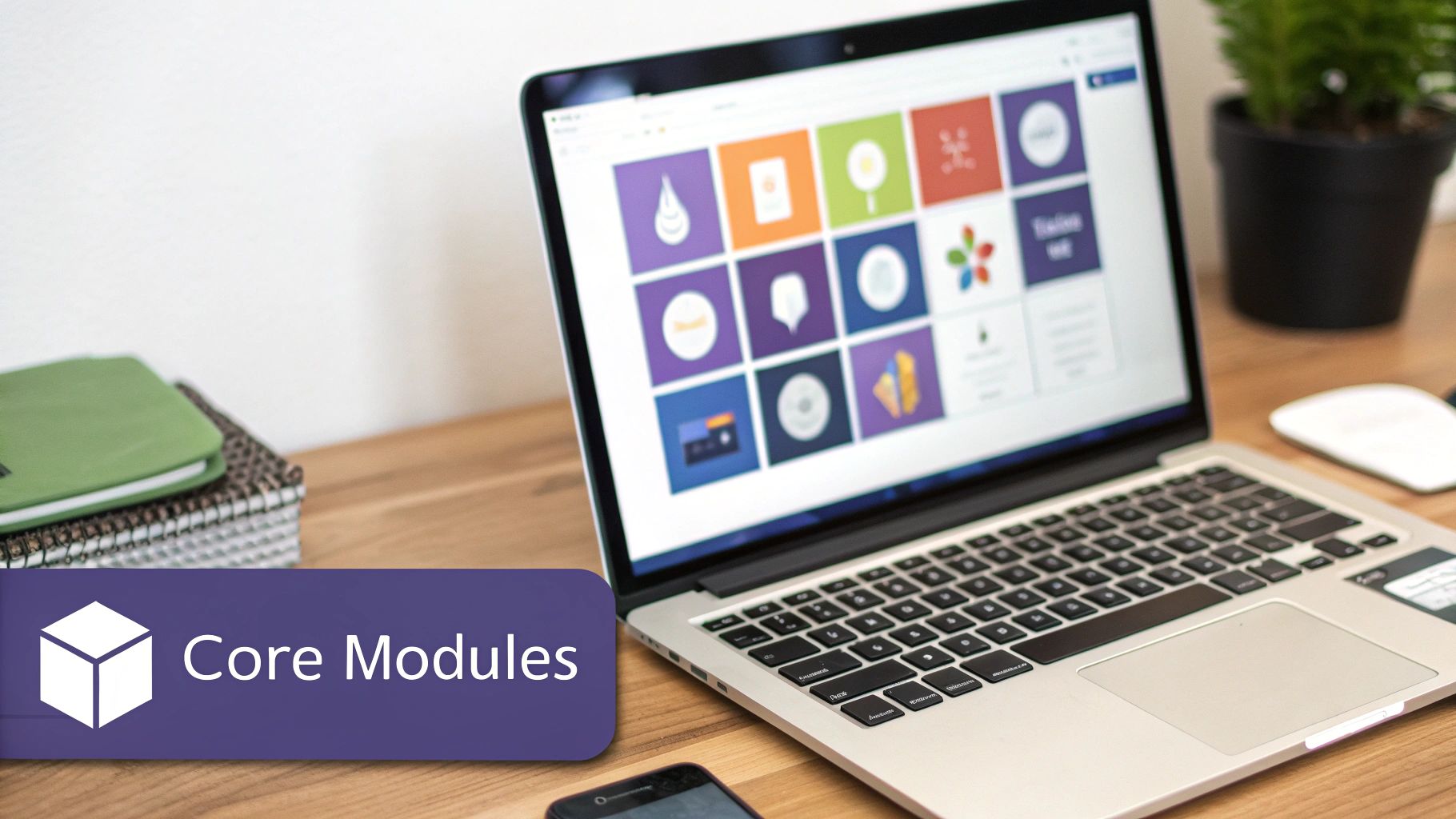 A laptop on a wooden desk displays a grid of colorful software modules, with notebooks and a plant nearby.
