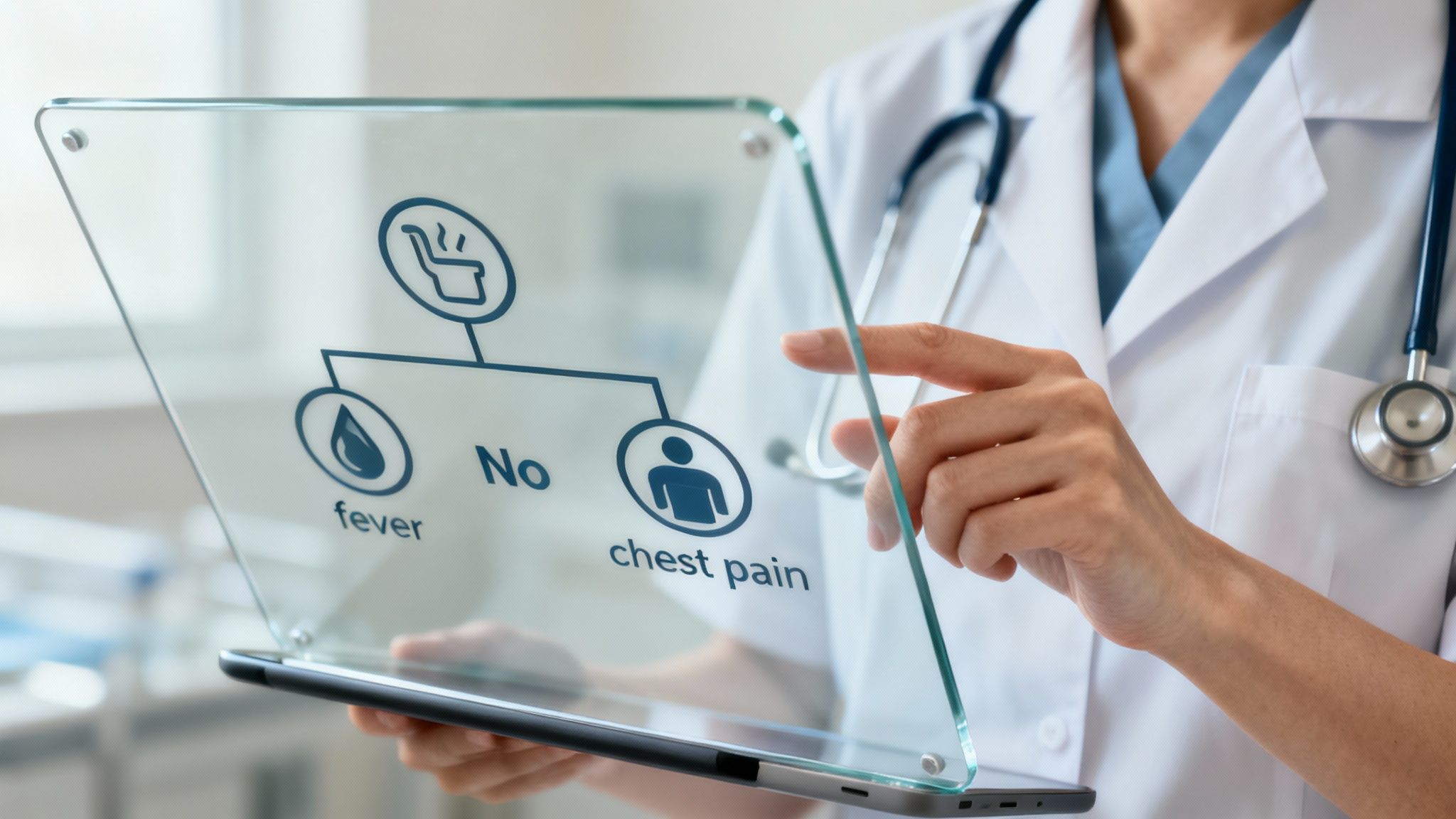 Healthcare professional reviewing patient symptoms on digital display showing no fever and chest pain indicators
