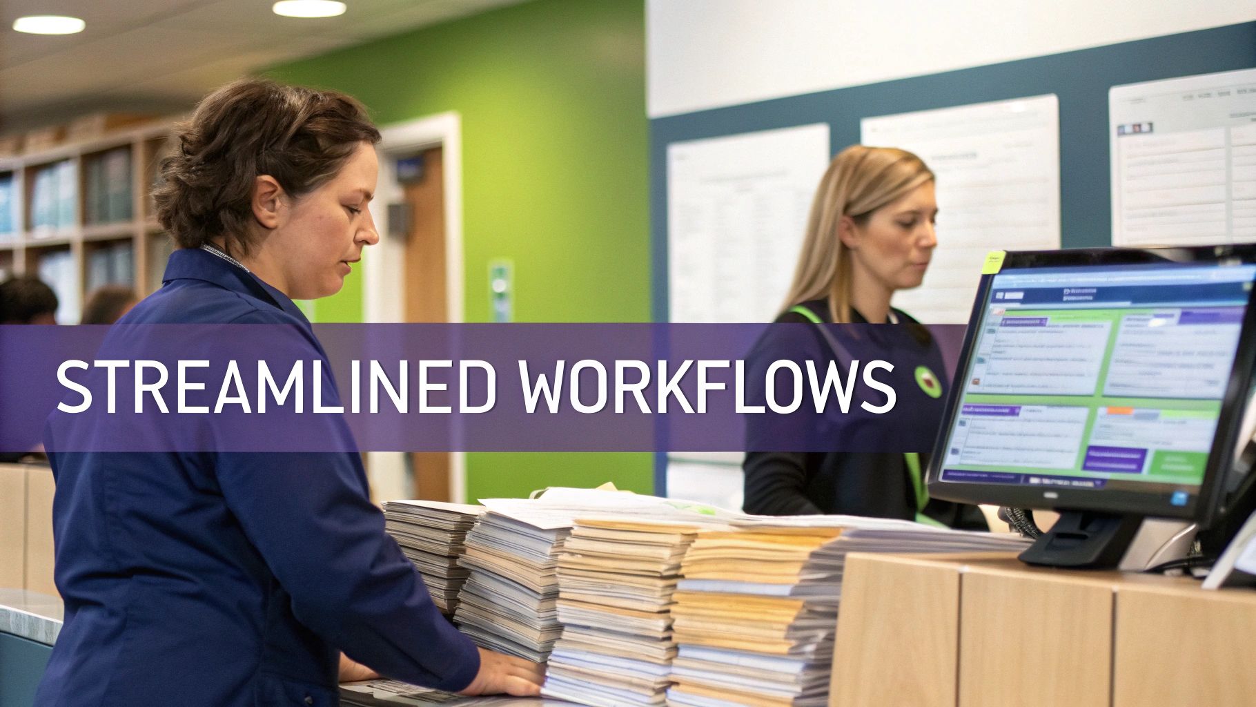Two women efficiently manage stacks of documents and utilize a computer in an organized office setting.