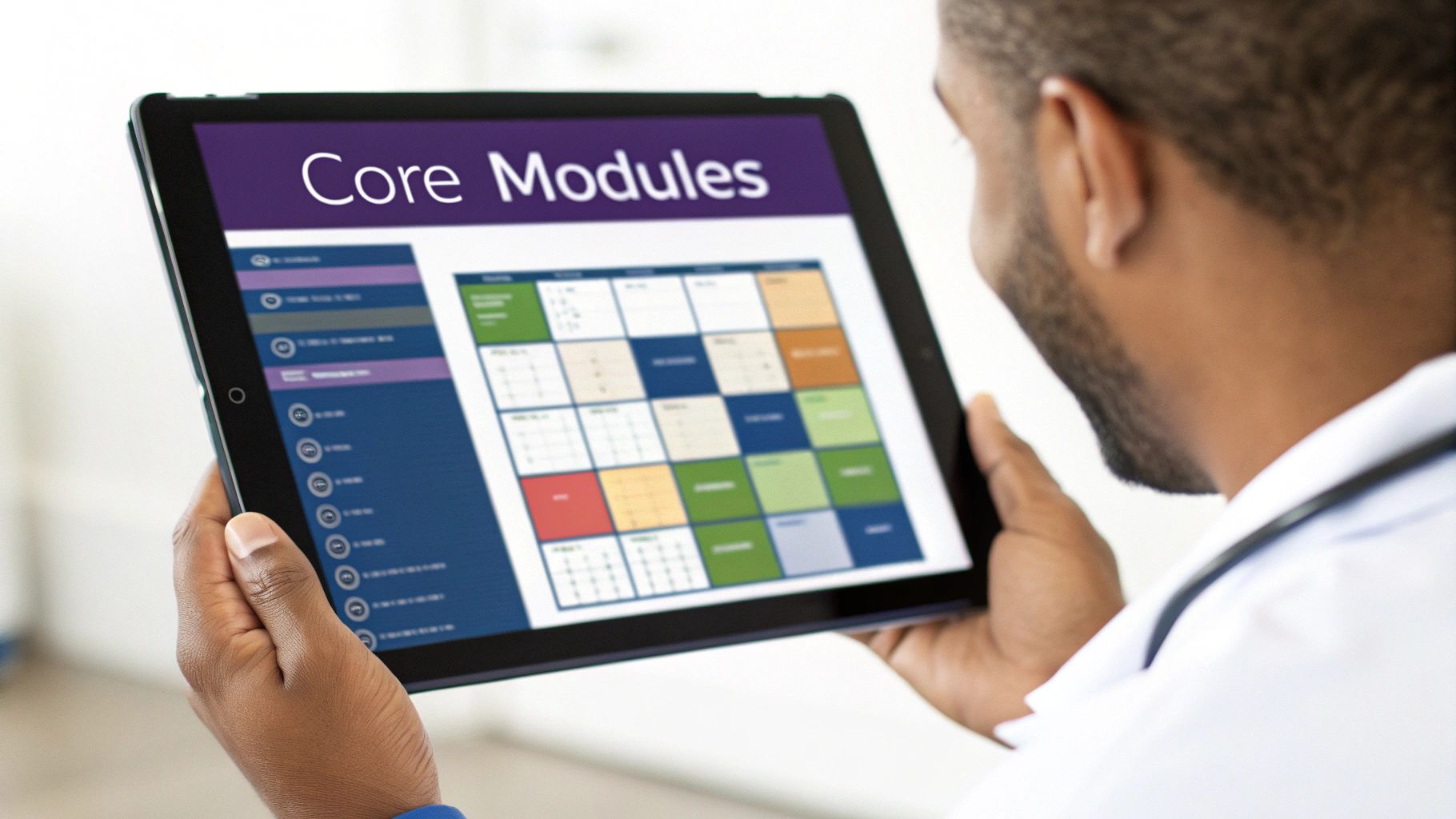 A doctor in a white coat holds a tablet displaying "Core Modules" healthcare software.