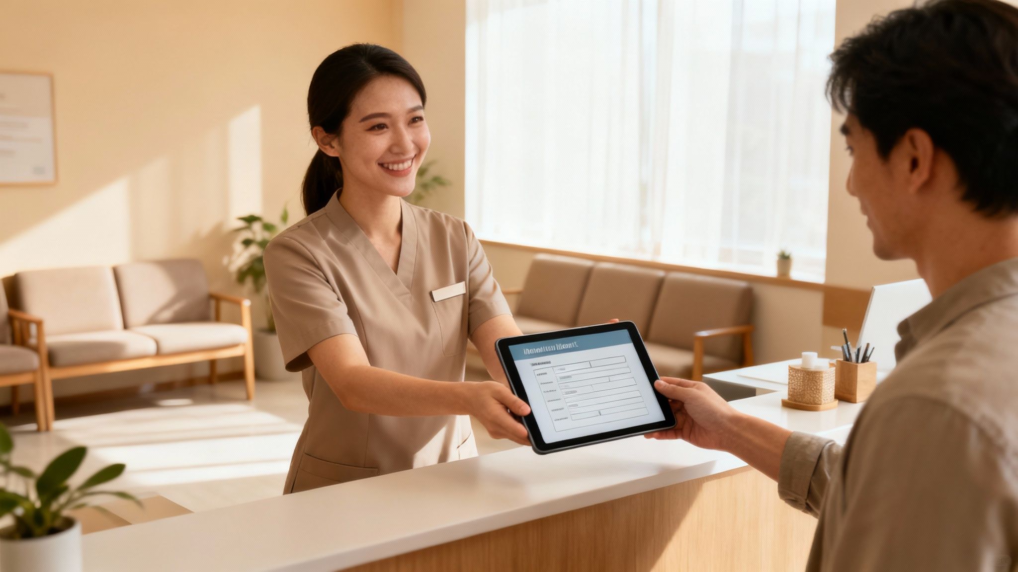 A healthcare professional reviewing digital forms on a tablet with a patient.