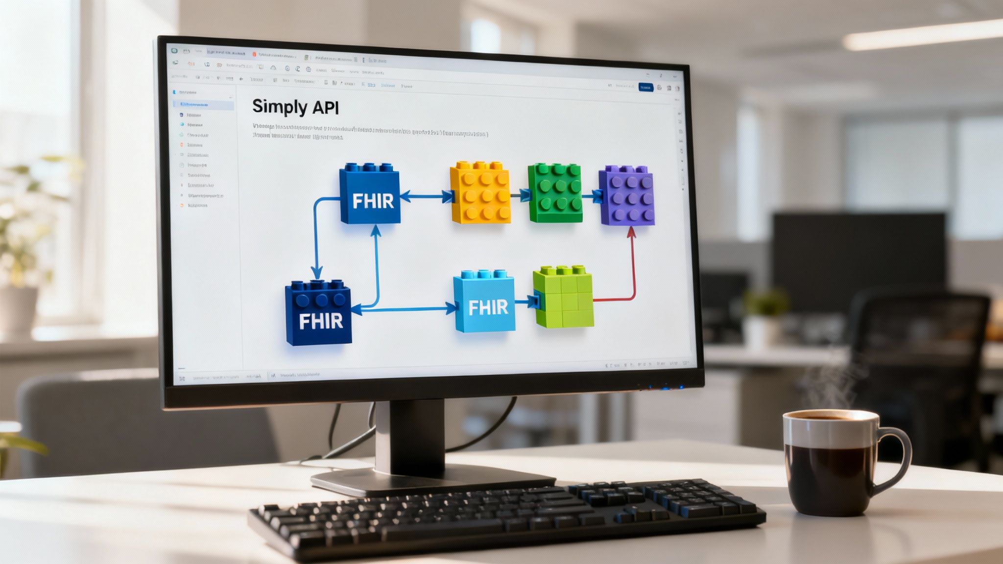 A visual representation of different healthcare technologies connecting and communicating