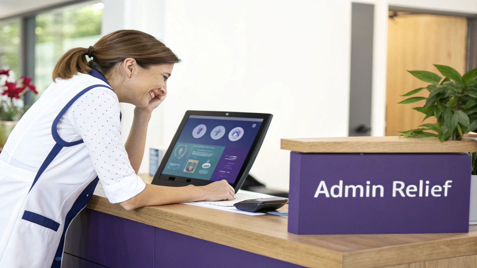 A smiling woman in a healthcare uniform interacts with a computer at a counter, next to a box labeled 'Admin Relief'.