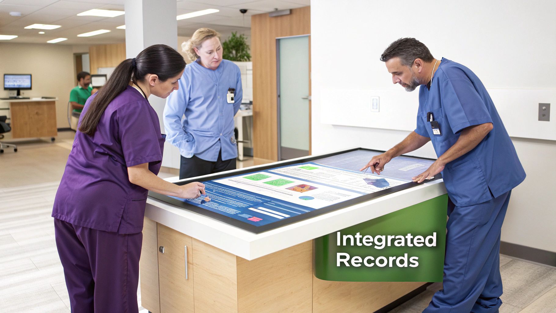 Medical professionals review integrated electronic records on a large interactive touchscreen table in a clinic.