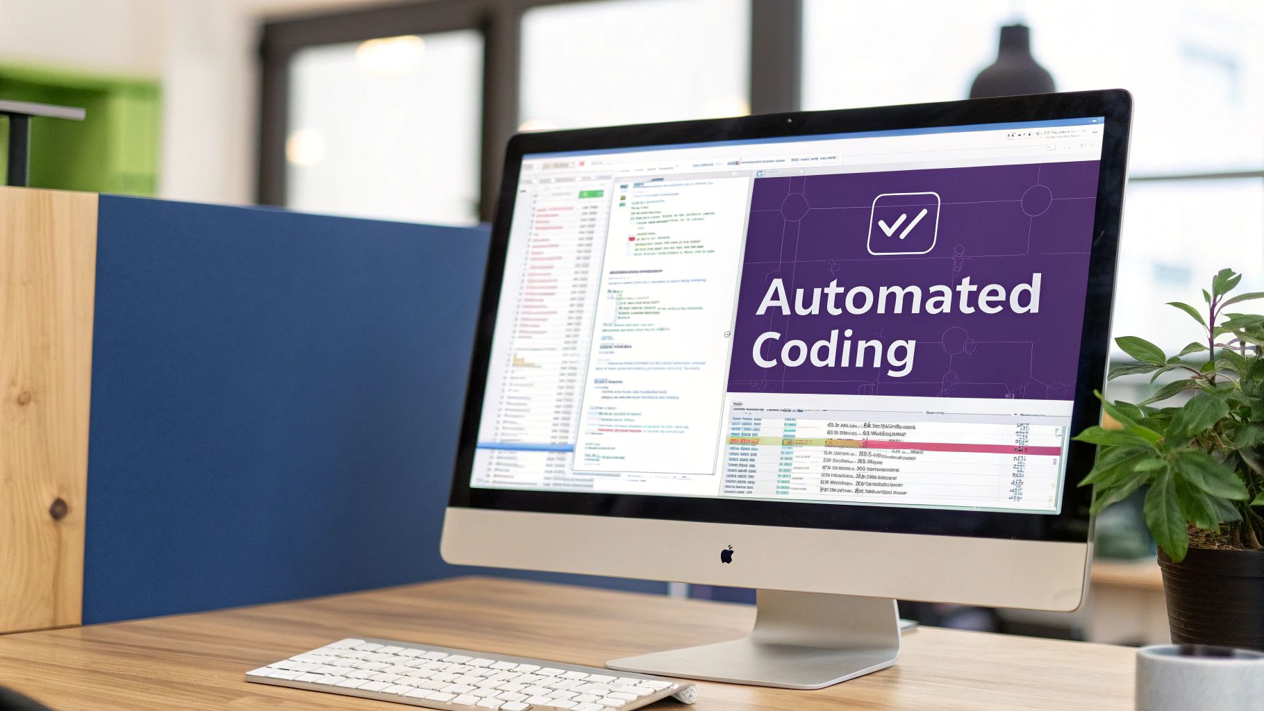 An iMac displaying 'Automated Coding' software in an office setting with a plant.