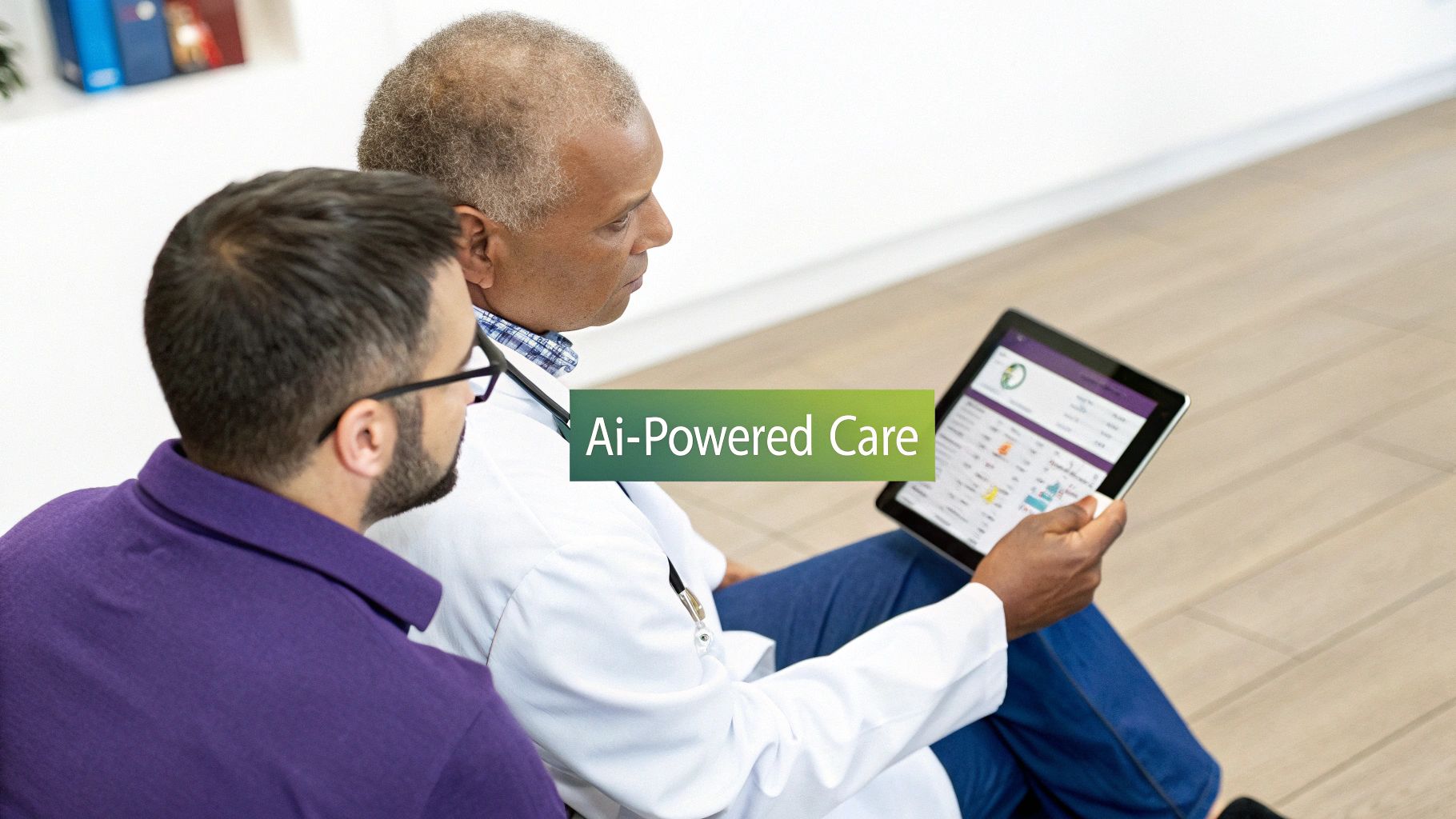 A doctor and patient collaborate using a tablet displaying AI-powered healthcare software.