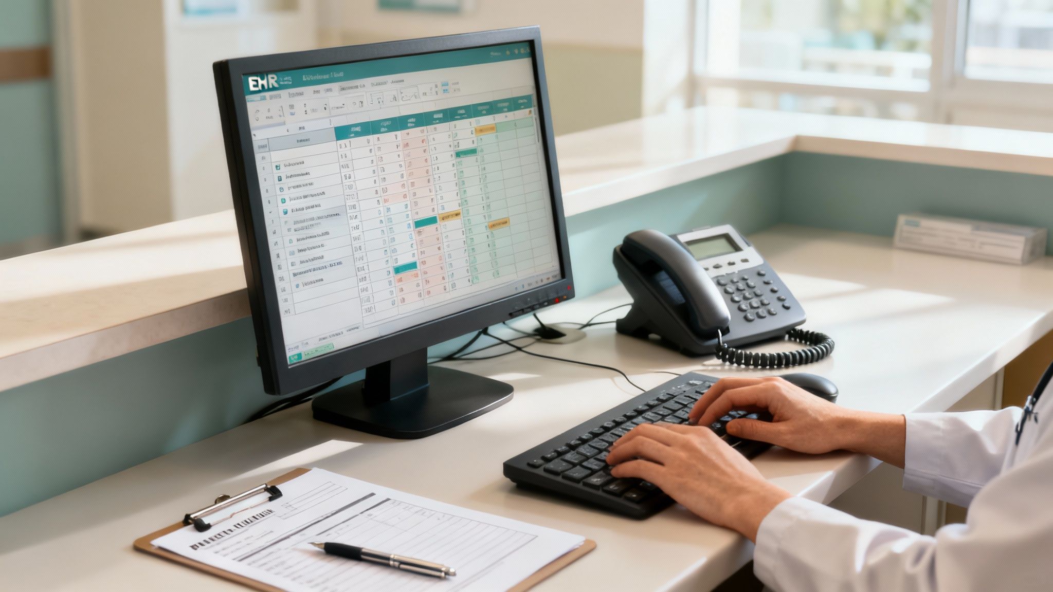 A medical assistant at a clinic's front desk scheduling an appointment on a computer