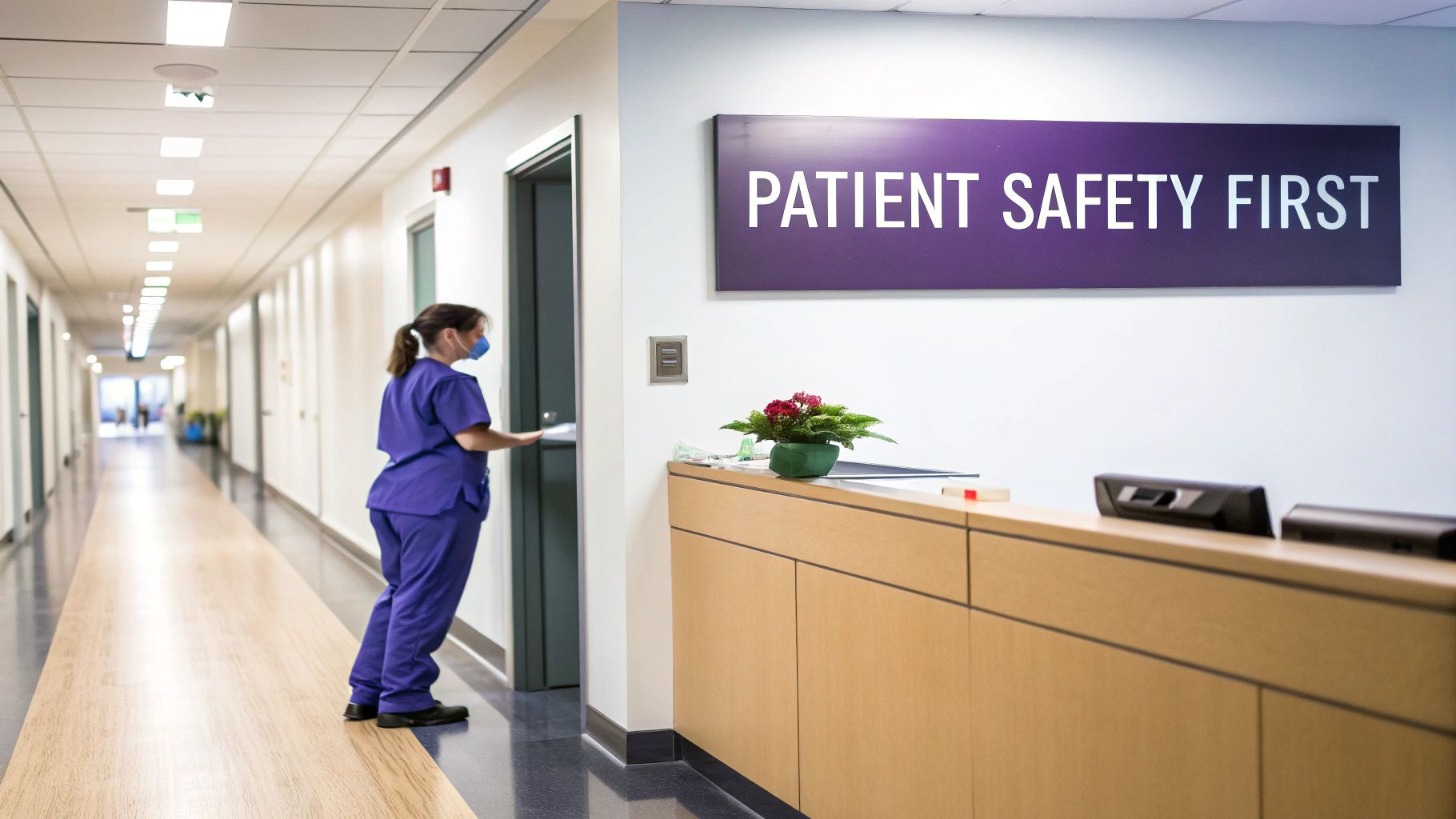 A nurse in purple scrubs and a mask stands in a hospital hallway near a reception desk.