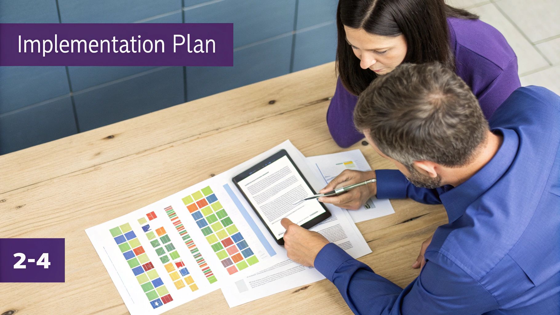 Two colleagues review an implementation plan on a tablet and documents at a wooden desk.