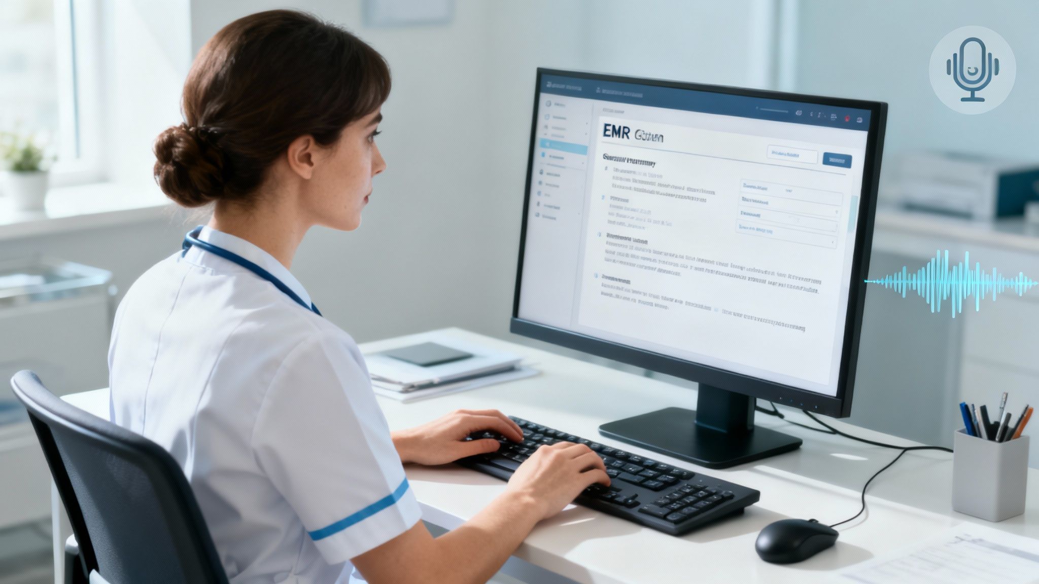 Healthcare professional using EMR system with voice recognition technology for medical documentation and patient care