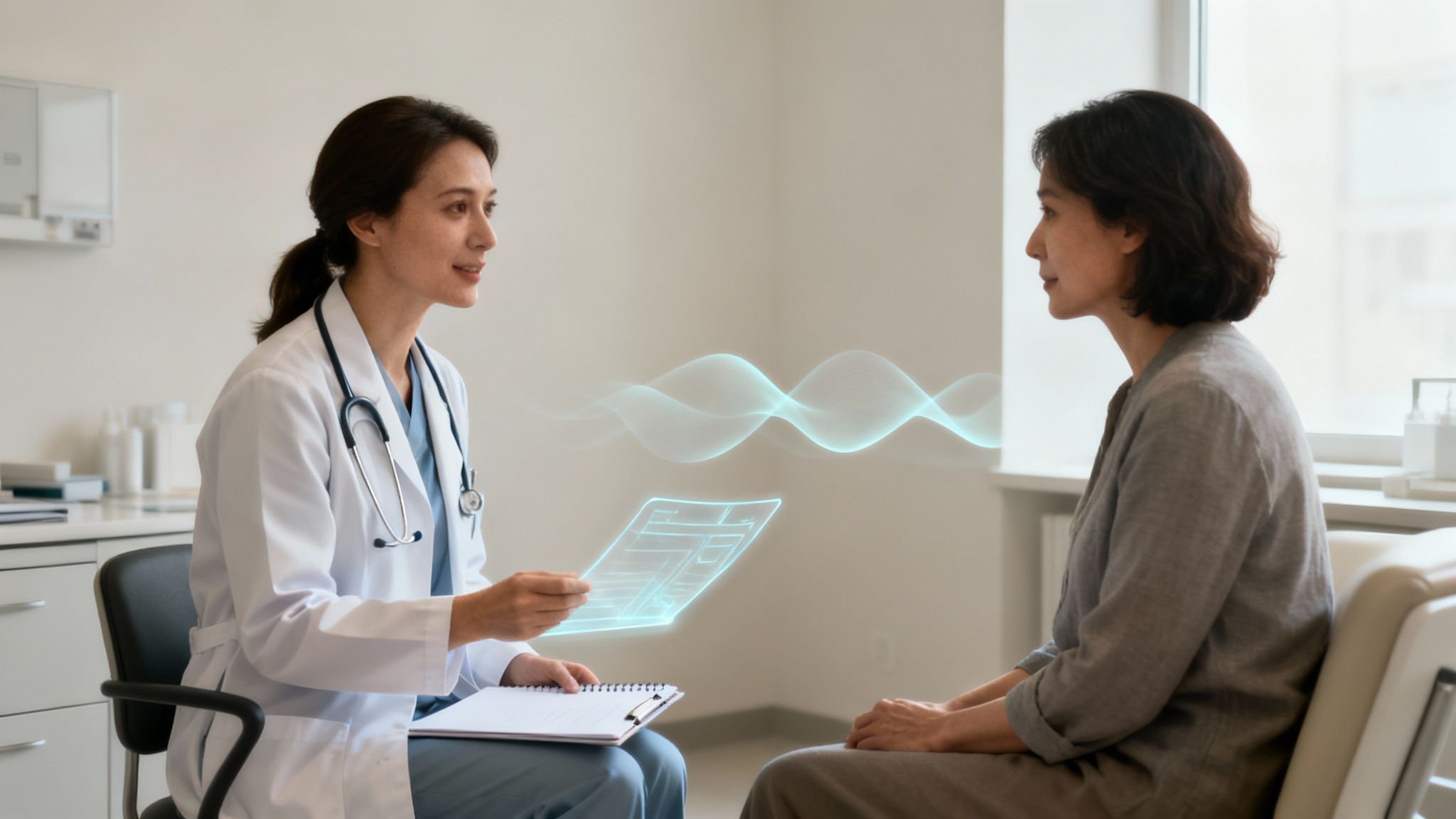 A female doctor discusses medical information with a patient using a holographic display.