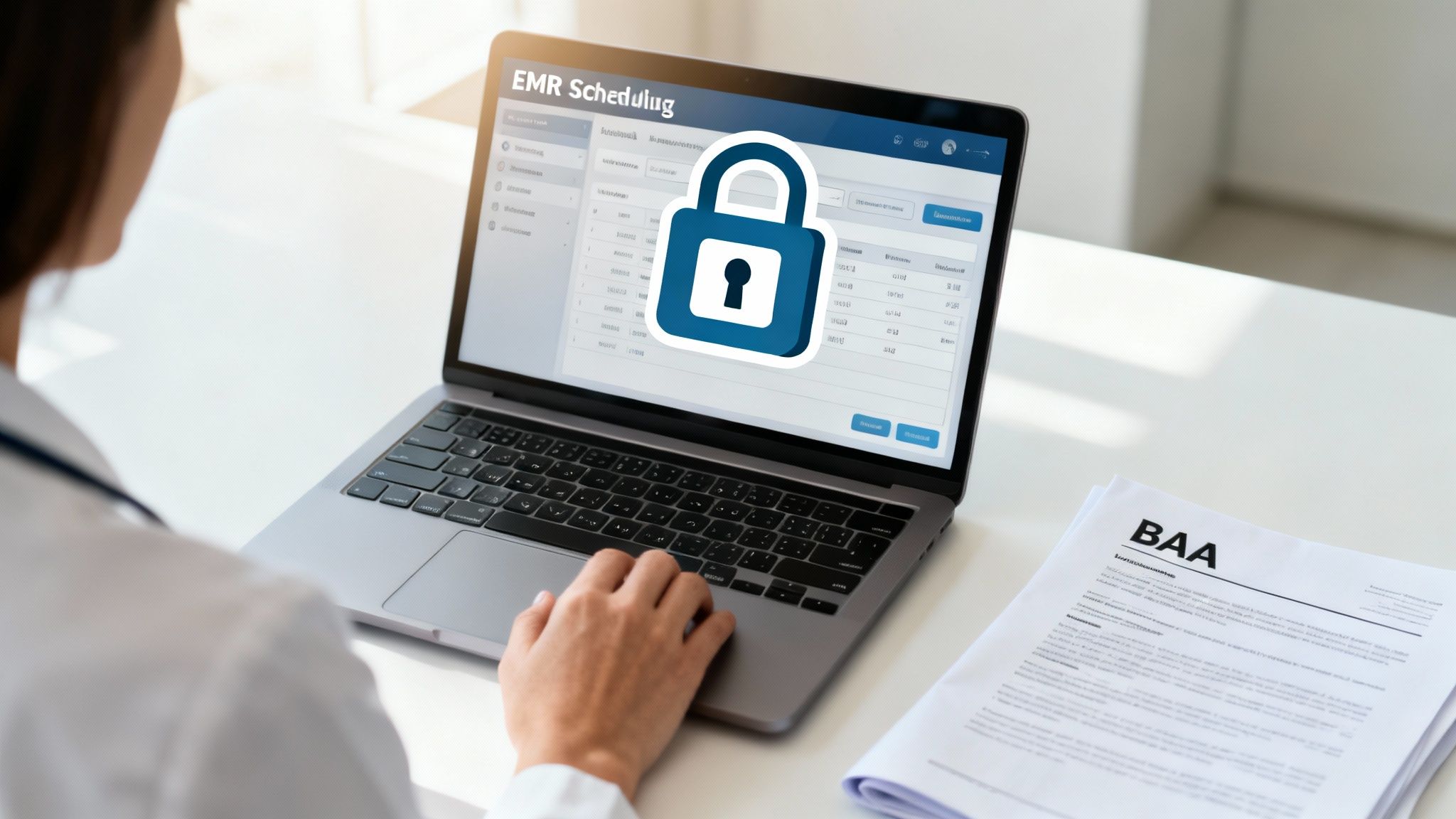 Healthcare professional uses a laptop with secure EMR scheduling software and BAA papers.