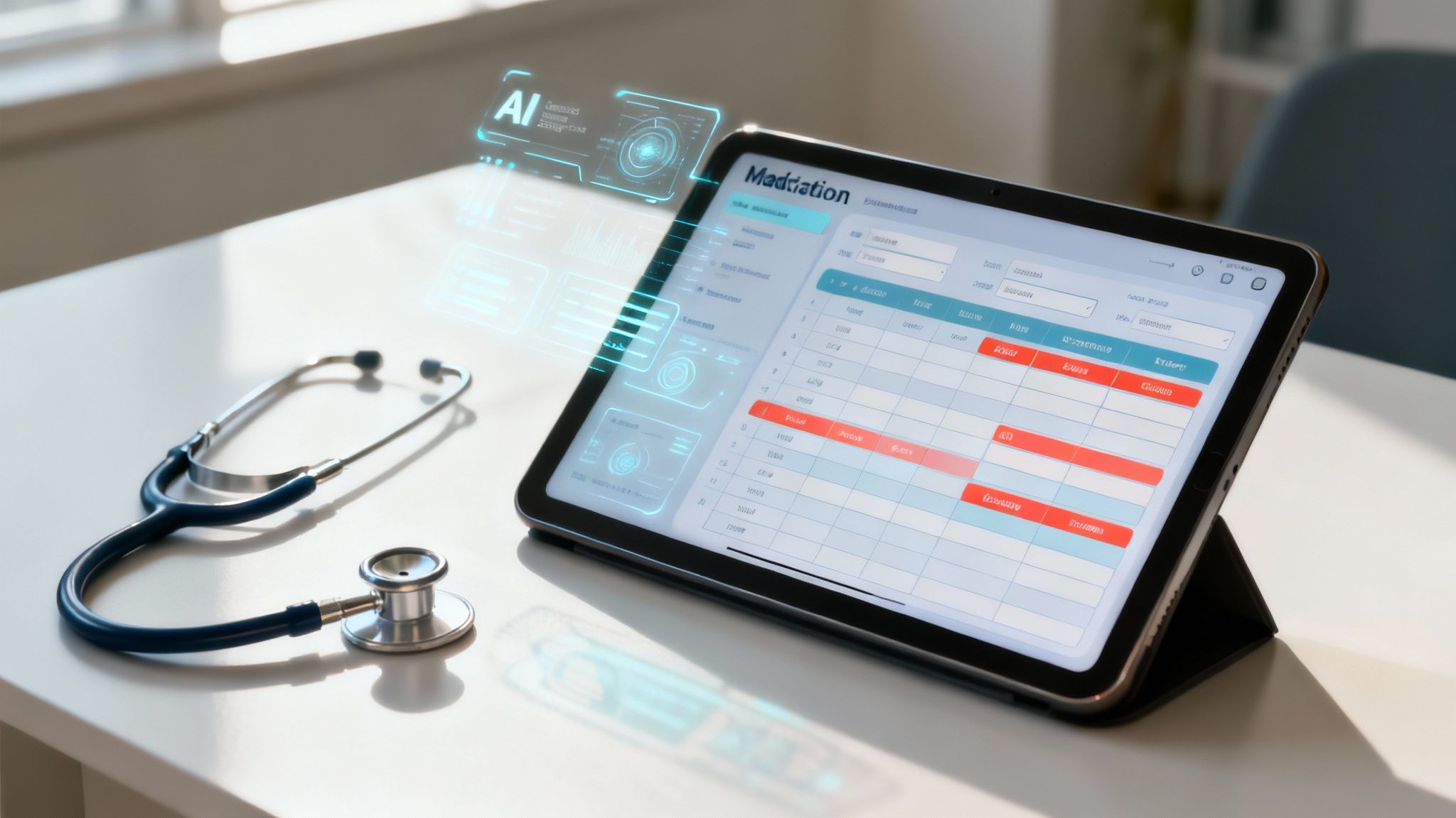 A medical professional interacting with a futuristic, AI-powered interface displaying patient data and charts.