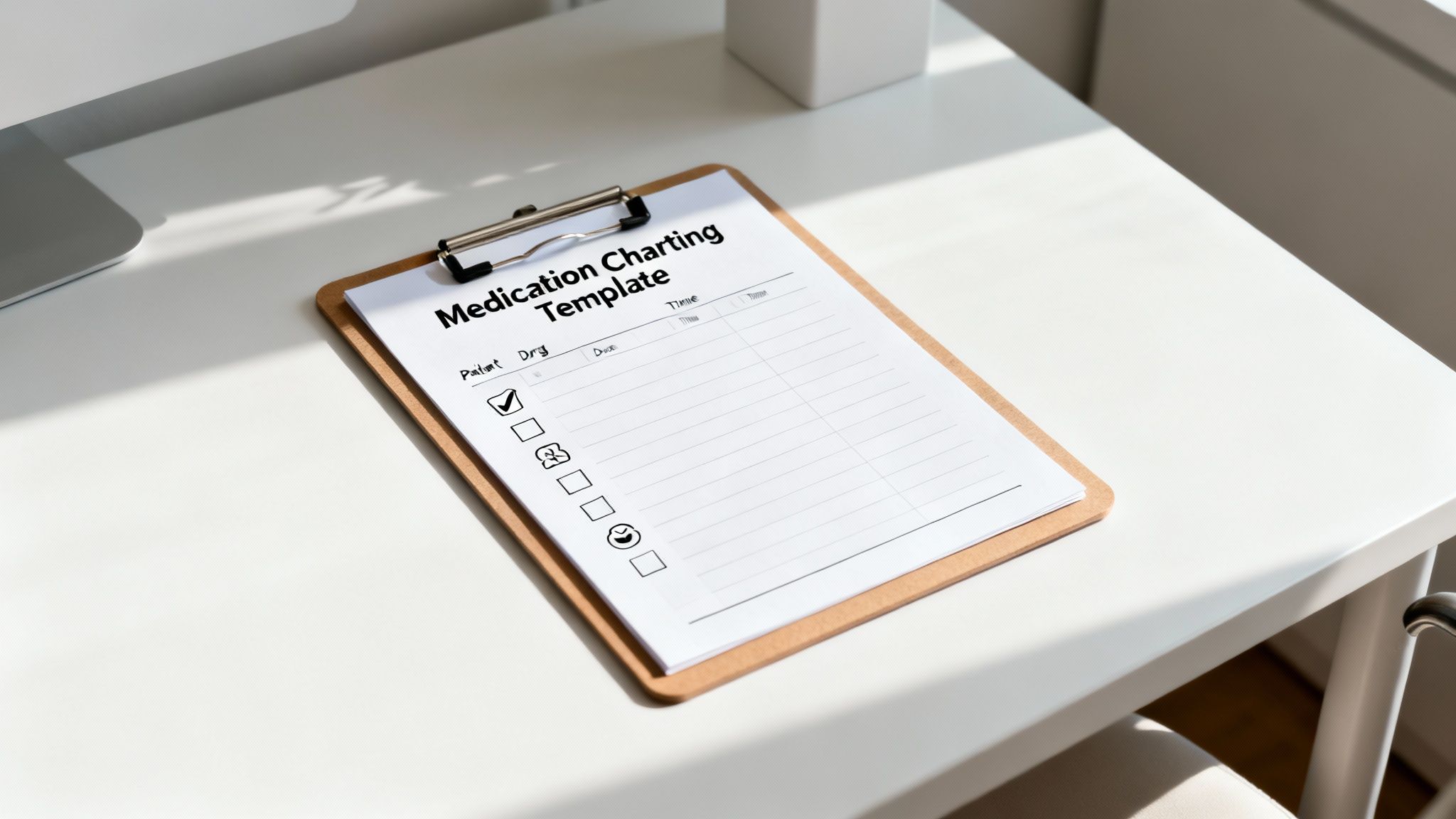 A healthcare professional reviewing a medication chart on a tablet.