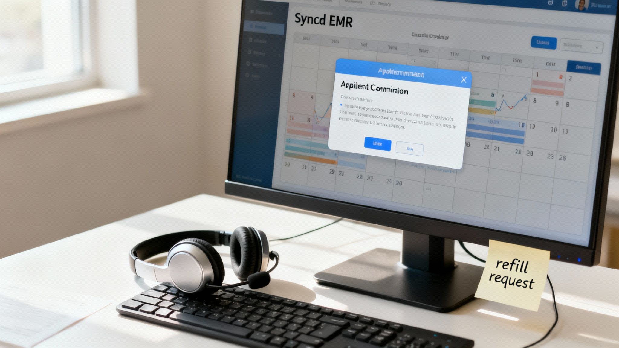 Desk with computer displaying EMR calendar, headphones, keyboard, and 'refill request' sticky note.