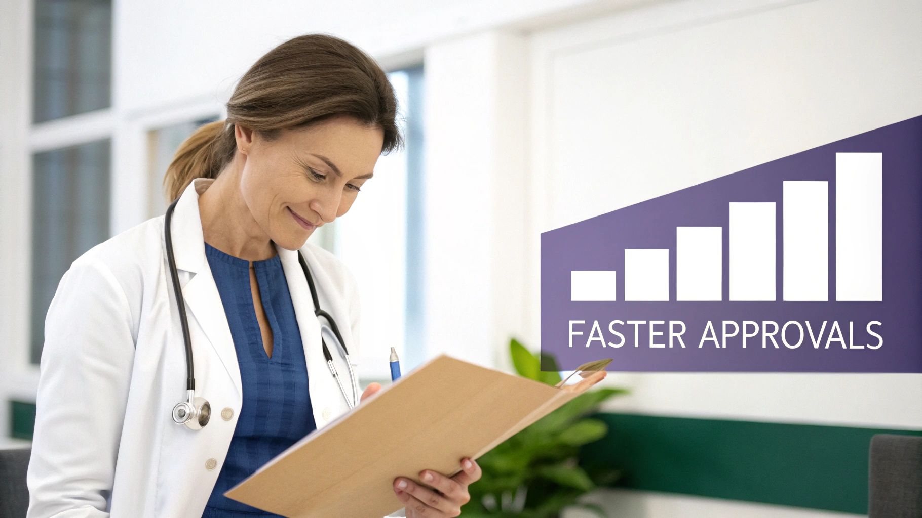 A smiling female doctor in a lab coat writes on a clipboard, with a 'FASTER APPROVALS' graphic behind her.