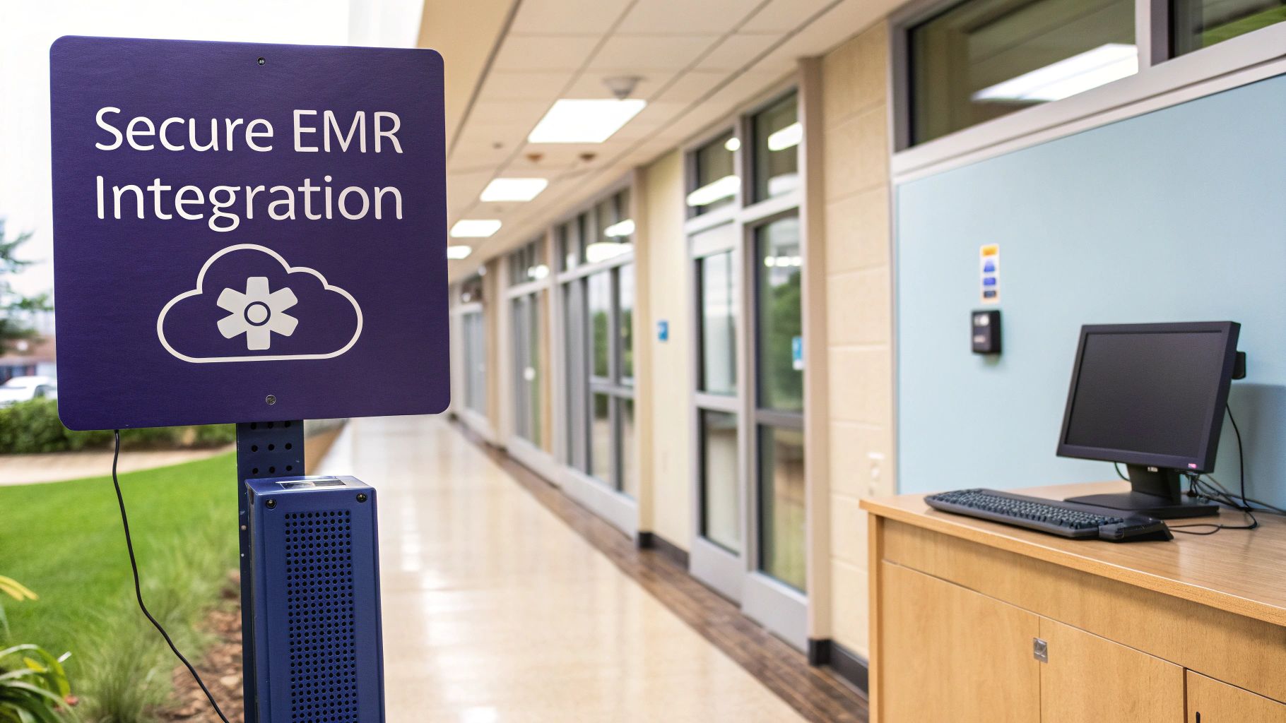 A purple sign prominently displays 'Secure EMR Integration' with a cloud and medical asterisk icon.