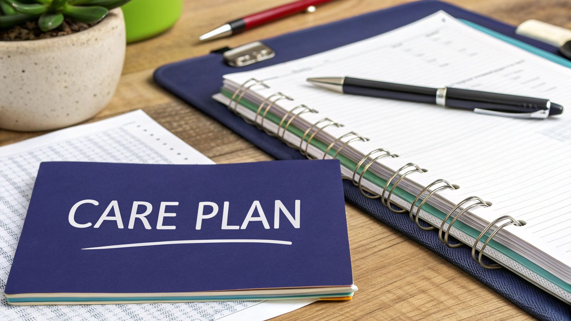 A blue "CARE PLAN" booklet on a wooden desk with a notebook, pens, and a potted plant.