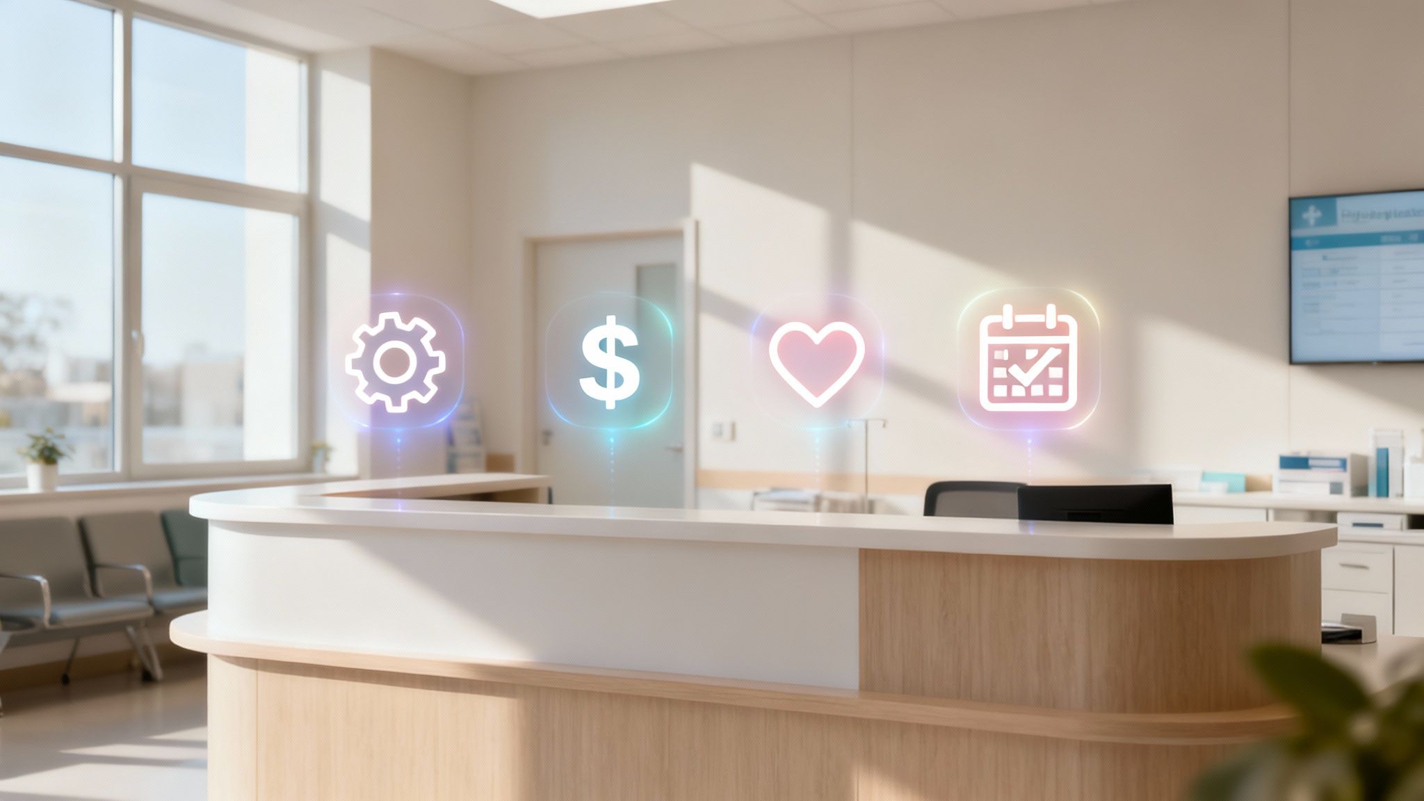 A bright medical reception desk with glowing holographic icons representing various digital health services.