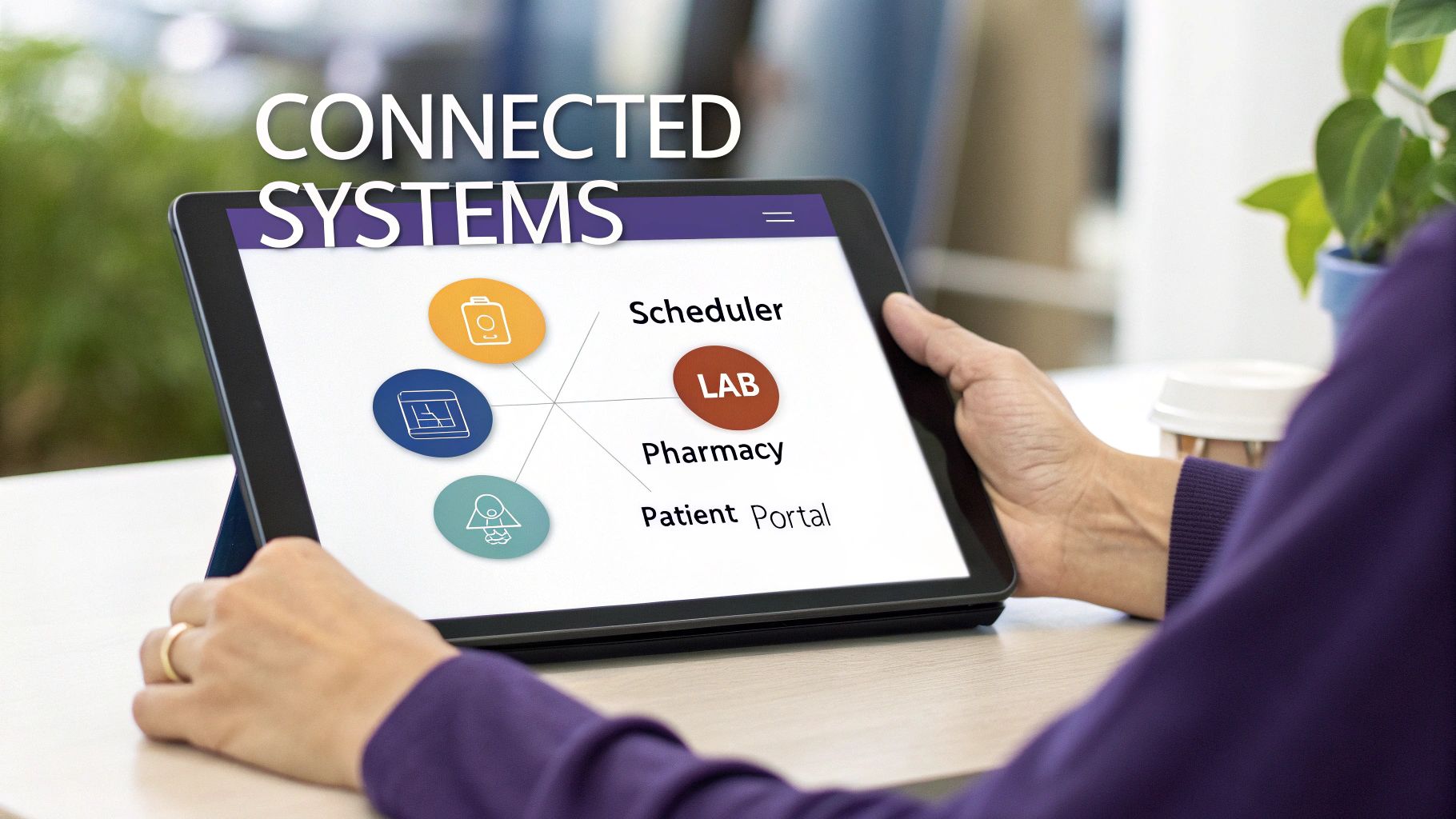 Hands hold a tablet displaying a diagram of connected healthcare systems.