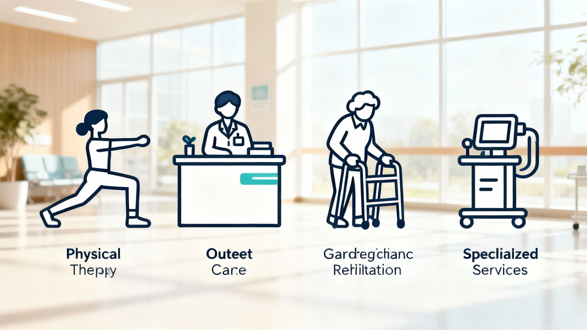 A senior patient receives physical therapy from a smiling healthcare professional in a well-lit clinic.